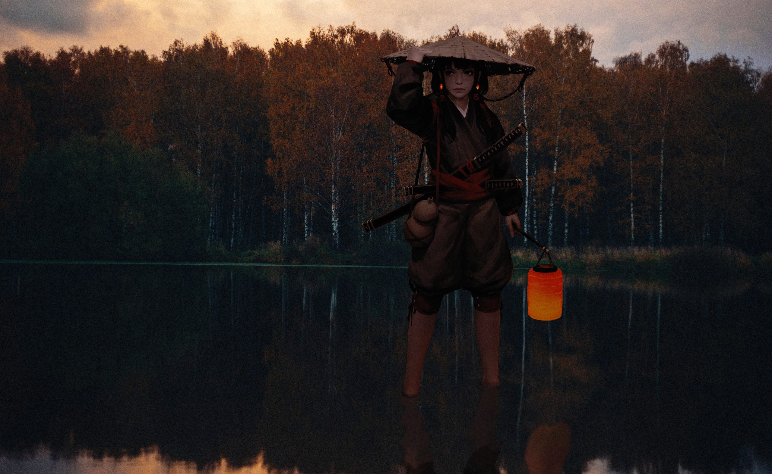 Anime character with lantern and sword in lake HD Wallpaper