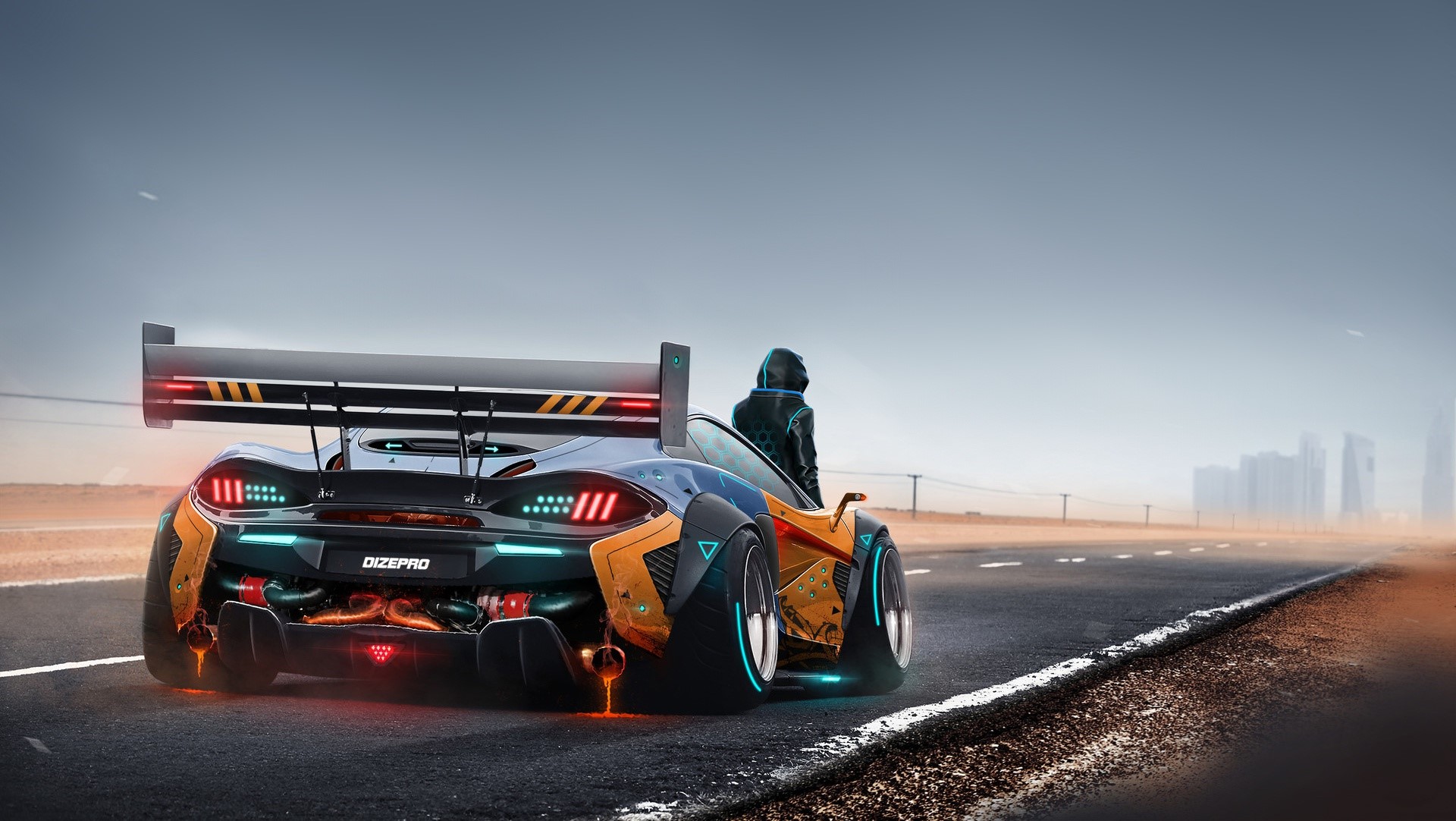 Futuristic McLaren supercar with a person on a desert road HD Wallpaper