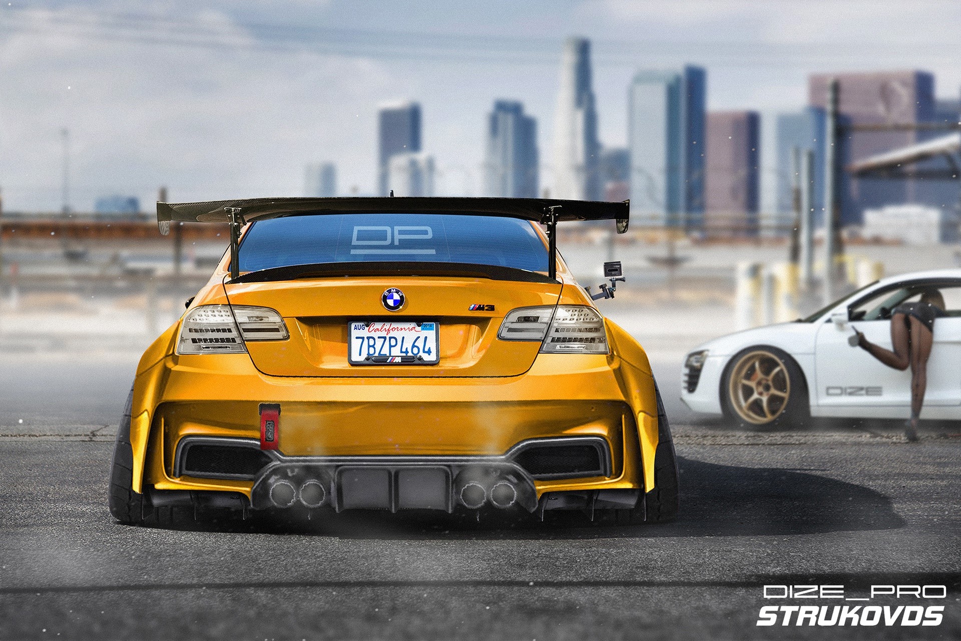 Yellow BMW M3 with spoiler and white Audi HD Wallpaper