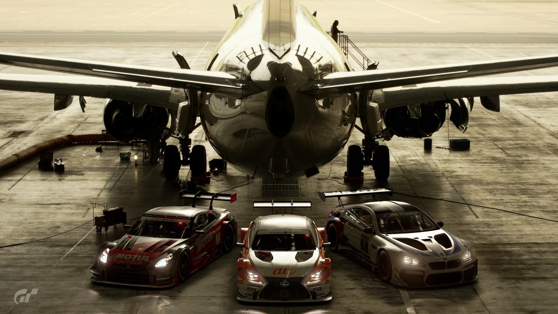 Gran Turismo Sport racing cars and airplane HD Wallpaper