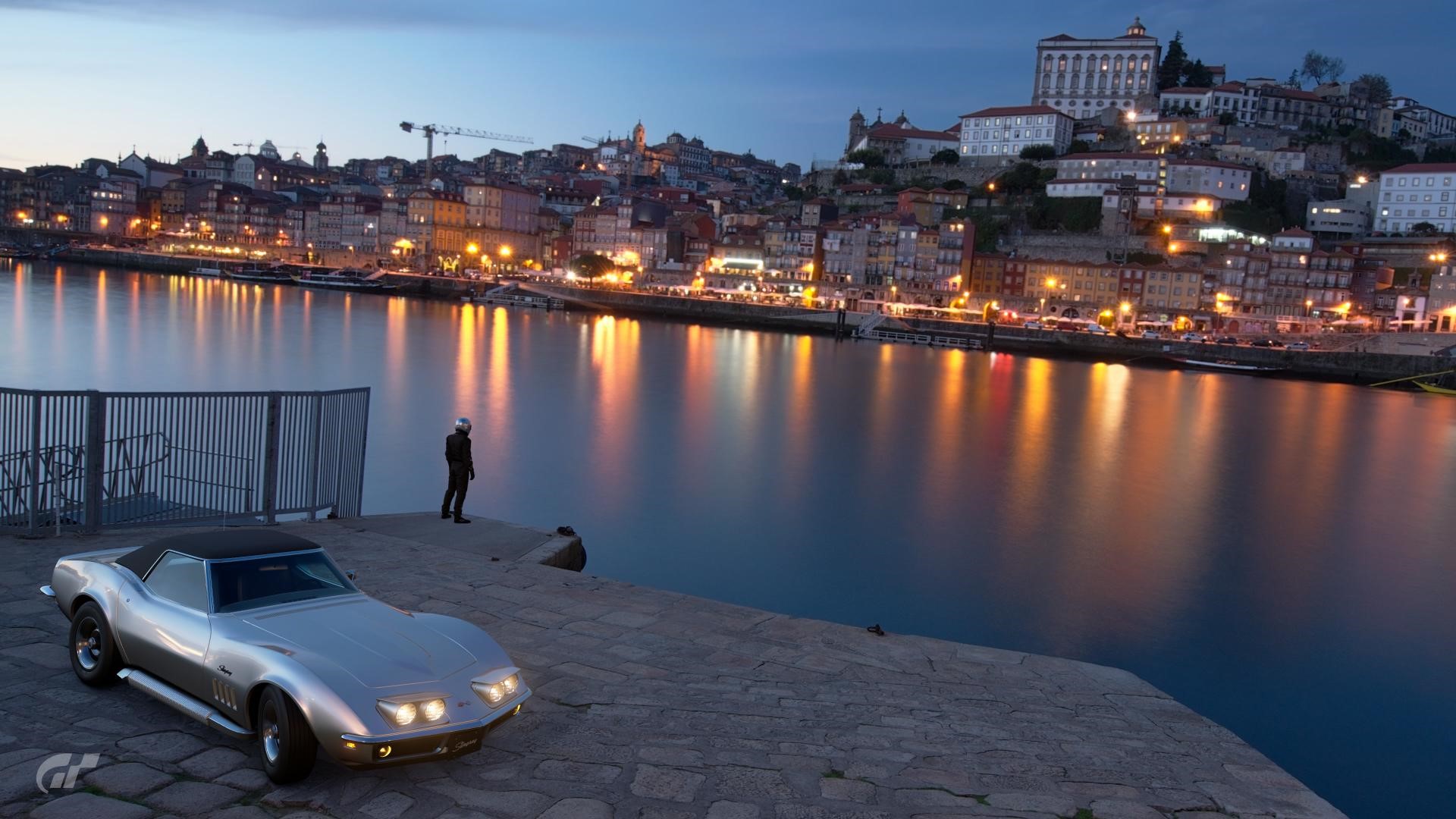 Silver Corvette and Person by River in Porto HD Wallpaper