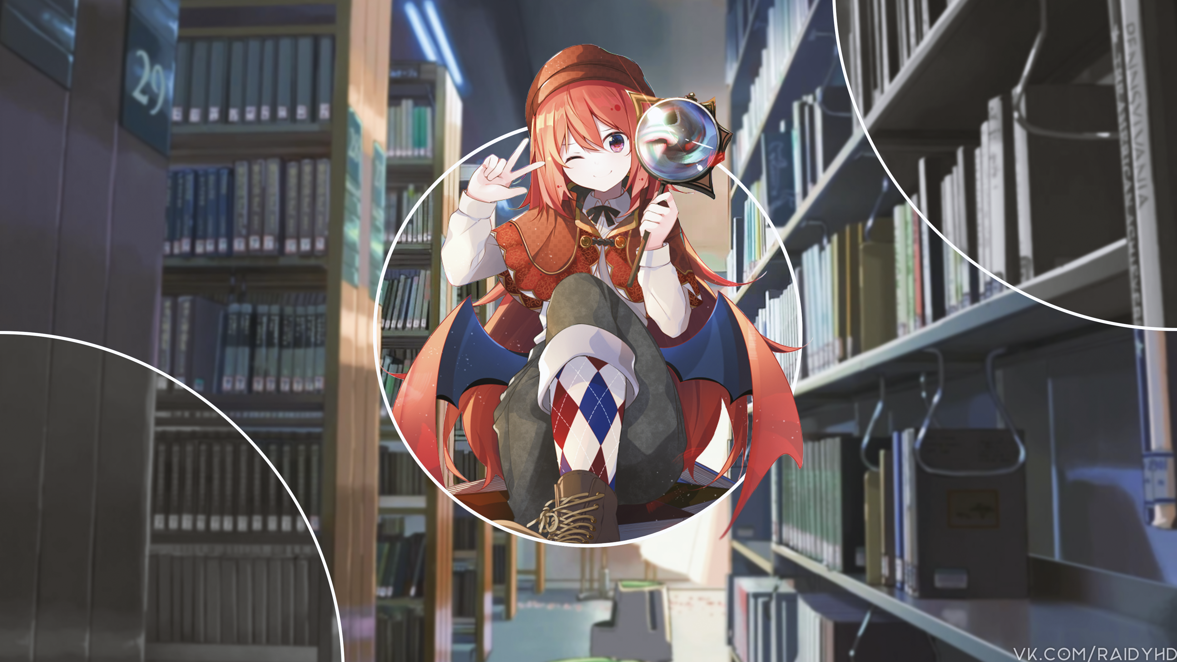 Anime girl with magnifying glass in library HD Wallpaper