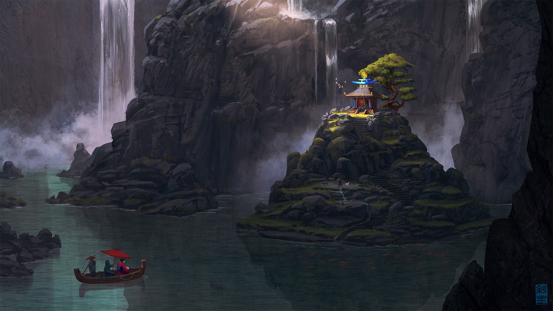 Fantasy artwork of a temple by waterfalls HD Wallpaper