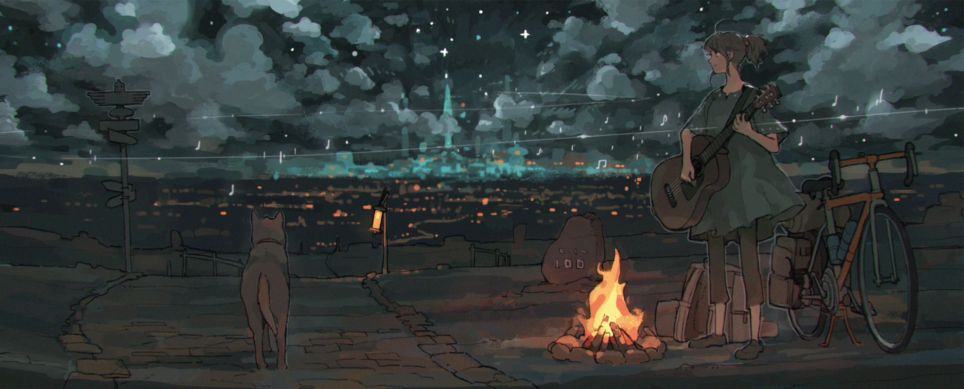 Anime girl playing guitar by campfire with dog and bicycle overlooking cityscape HD Wallpaper