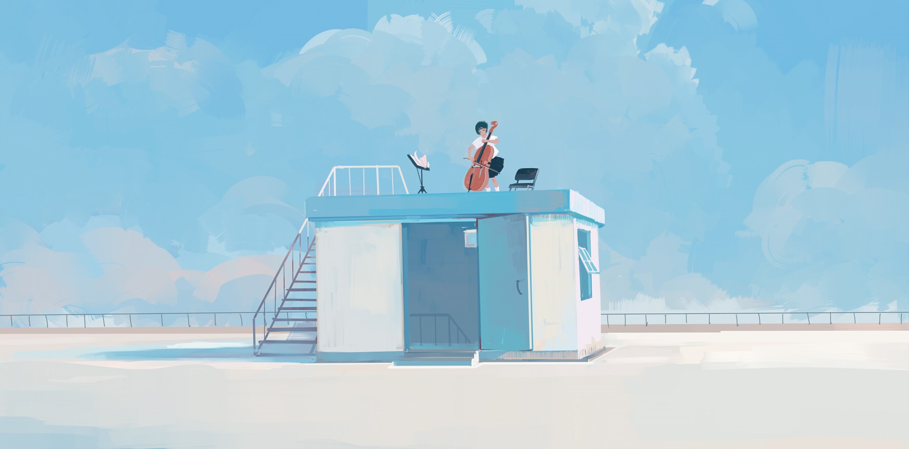 Girl playing cello on a rooftop with clouds HD Wallpaper