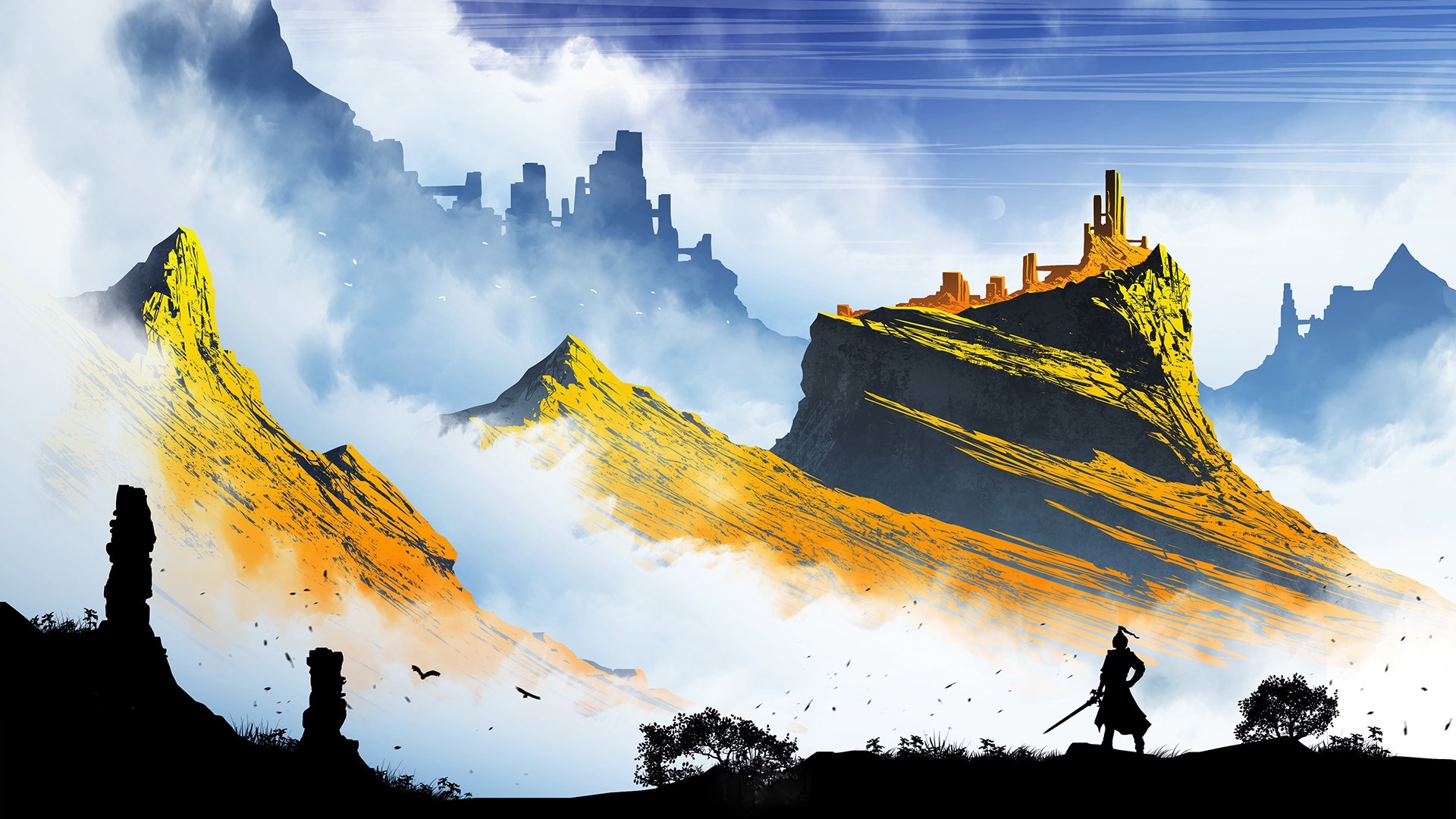 Fantasy landscape with mountains and a warrior HD Wallpaper