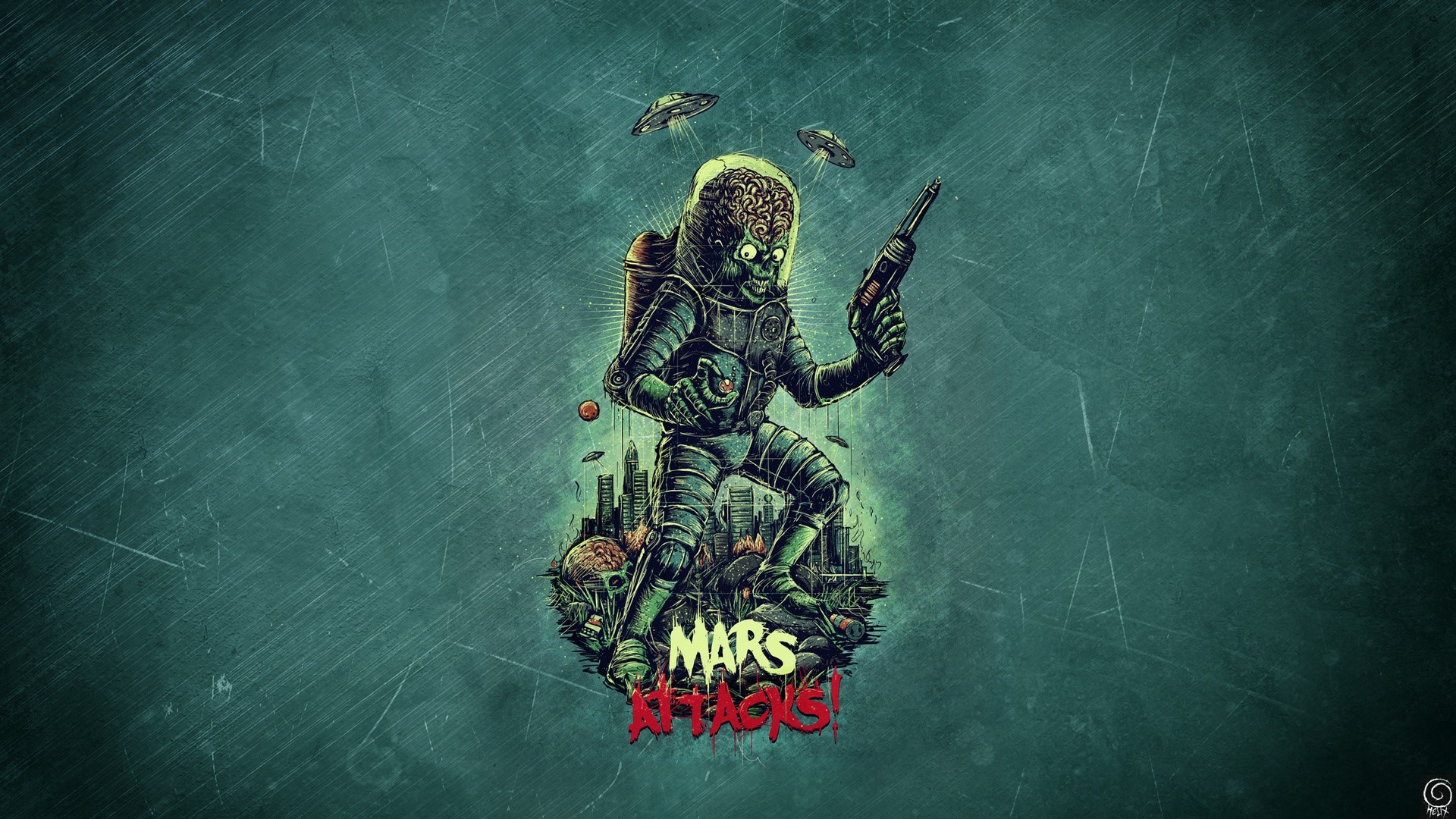 Mars Attacks alien with ray gun and UFOs HD Wallpaper