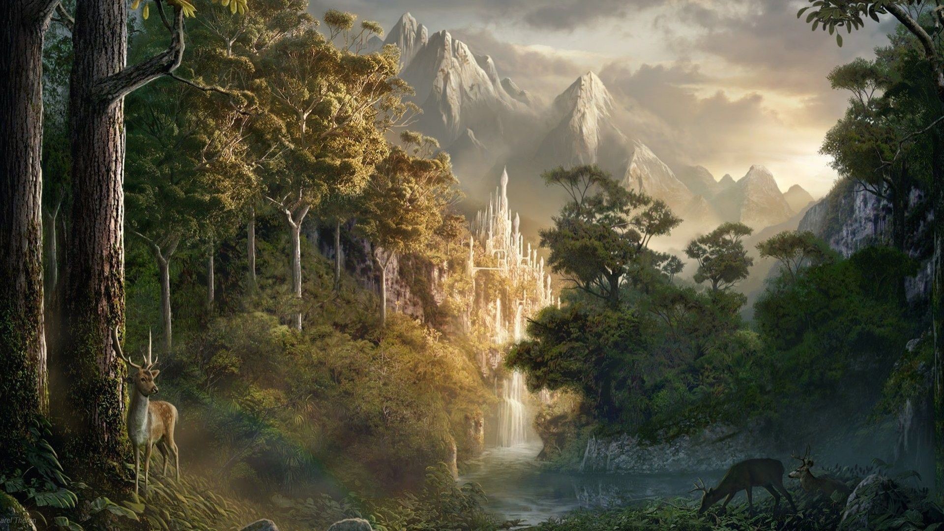 Fantasy forest with castle and deer HD Wallpaper