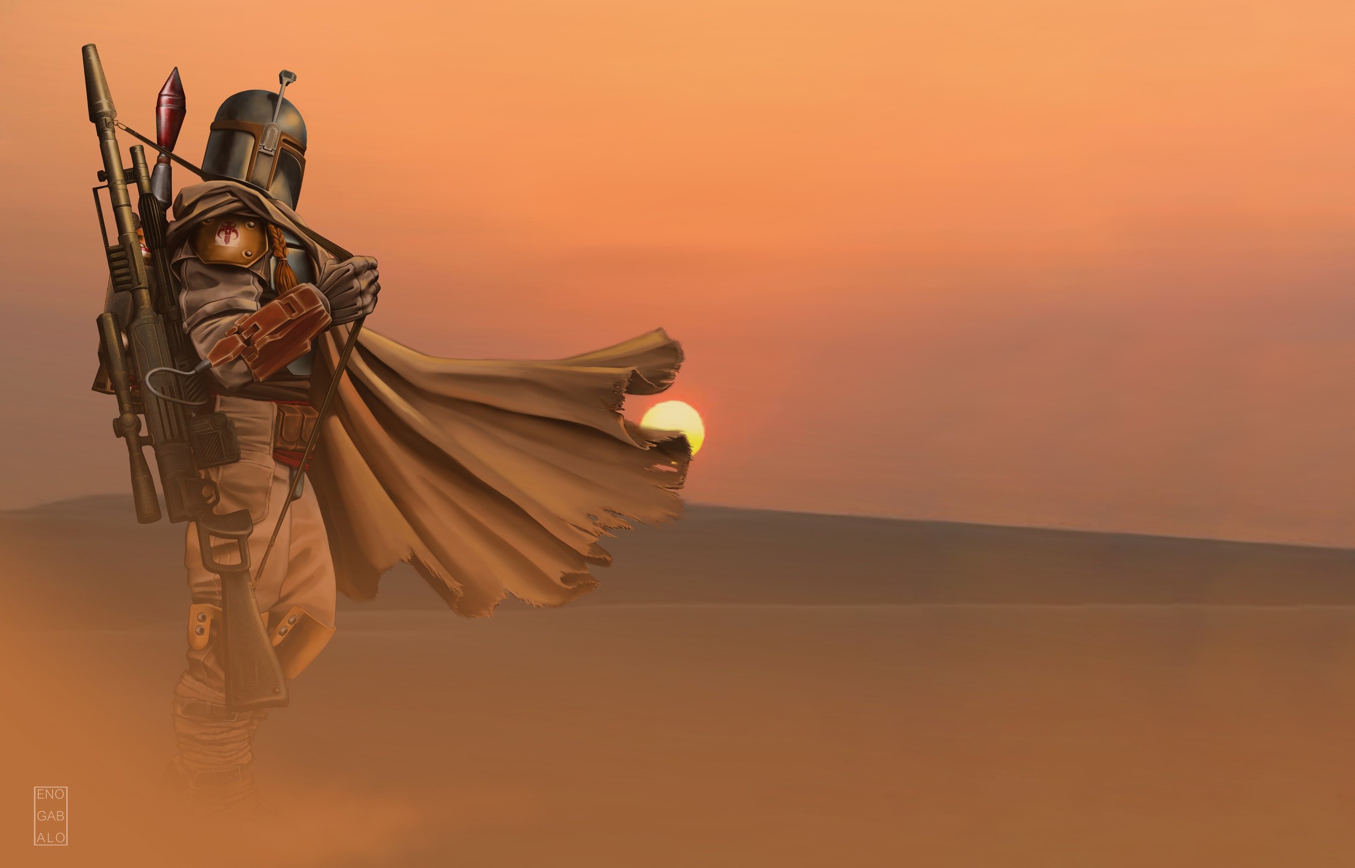 Boba Fett from Star Wars in a desert at sunset HD Wallpaper