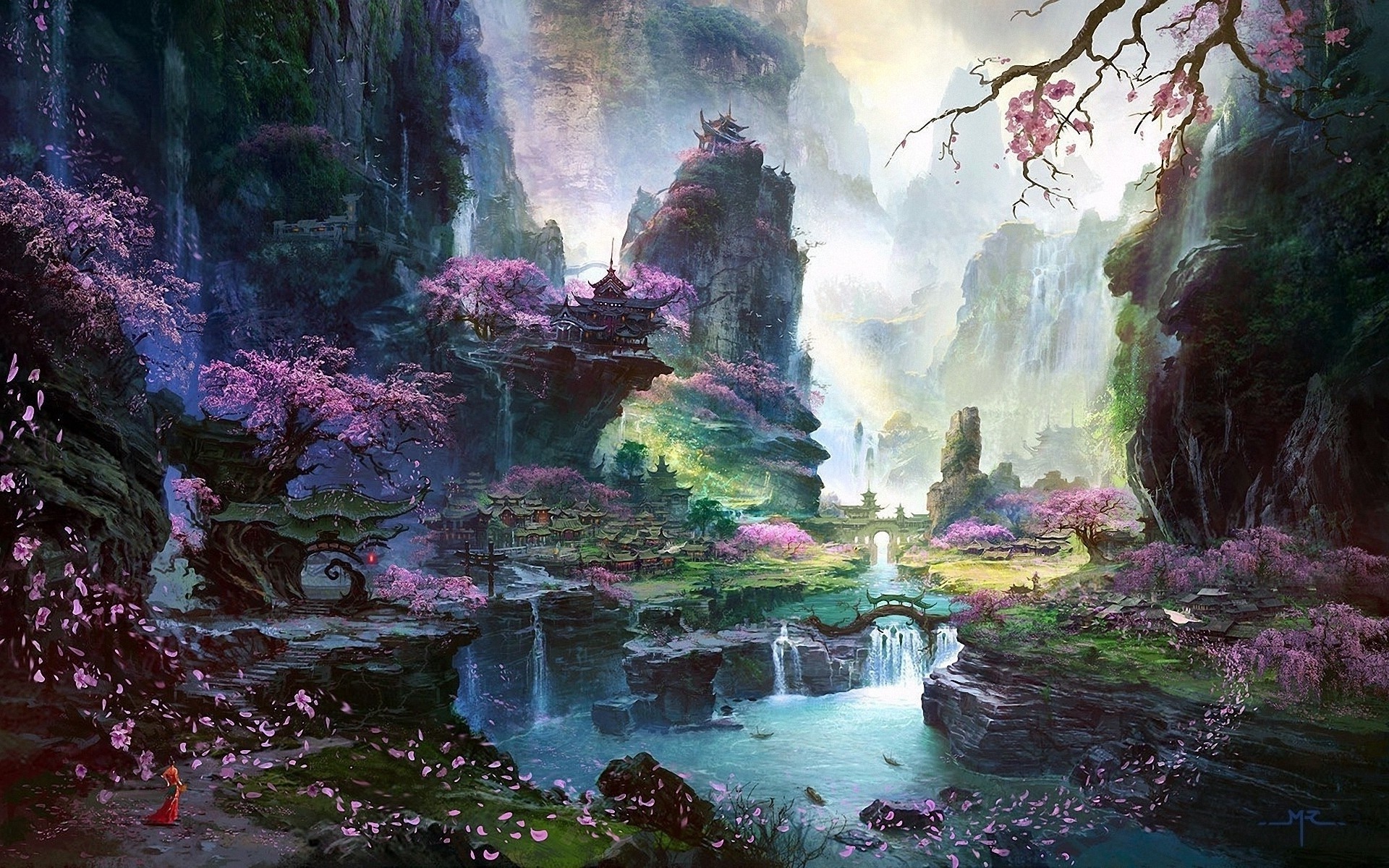 Fantasy landscape with waterfalls and cherry blossoms HD Wallpaper