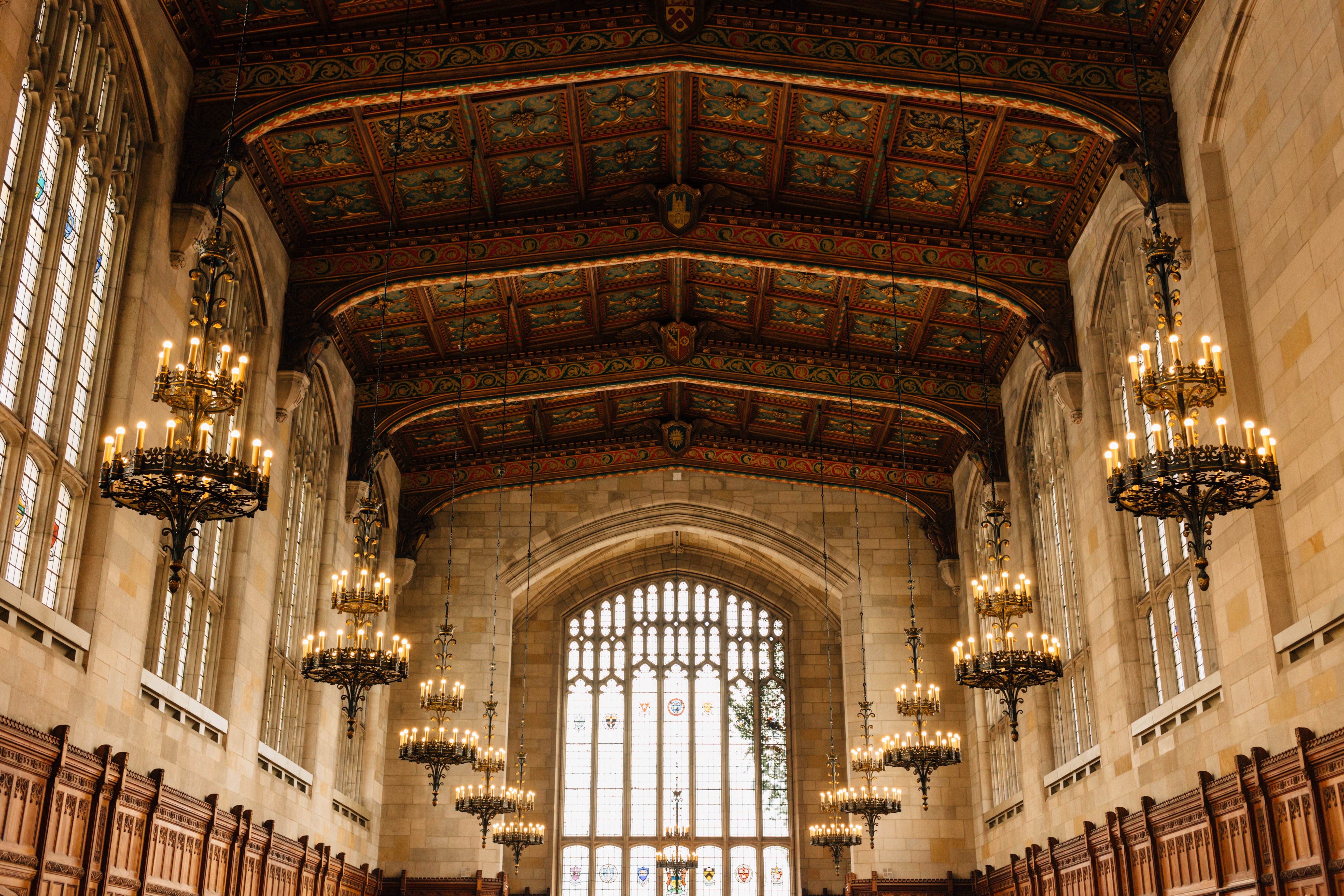 Grand Hall with Chandeliers and Large Window HD Wallpaper