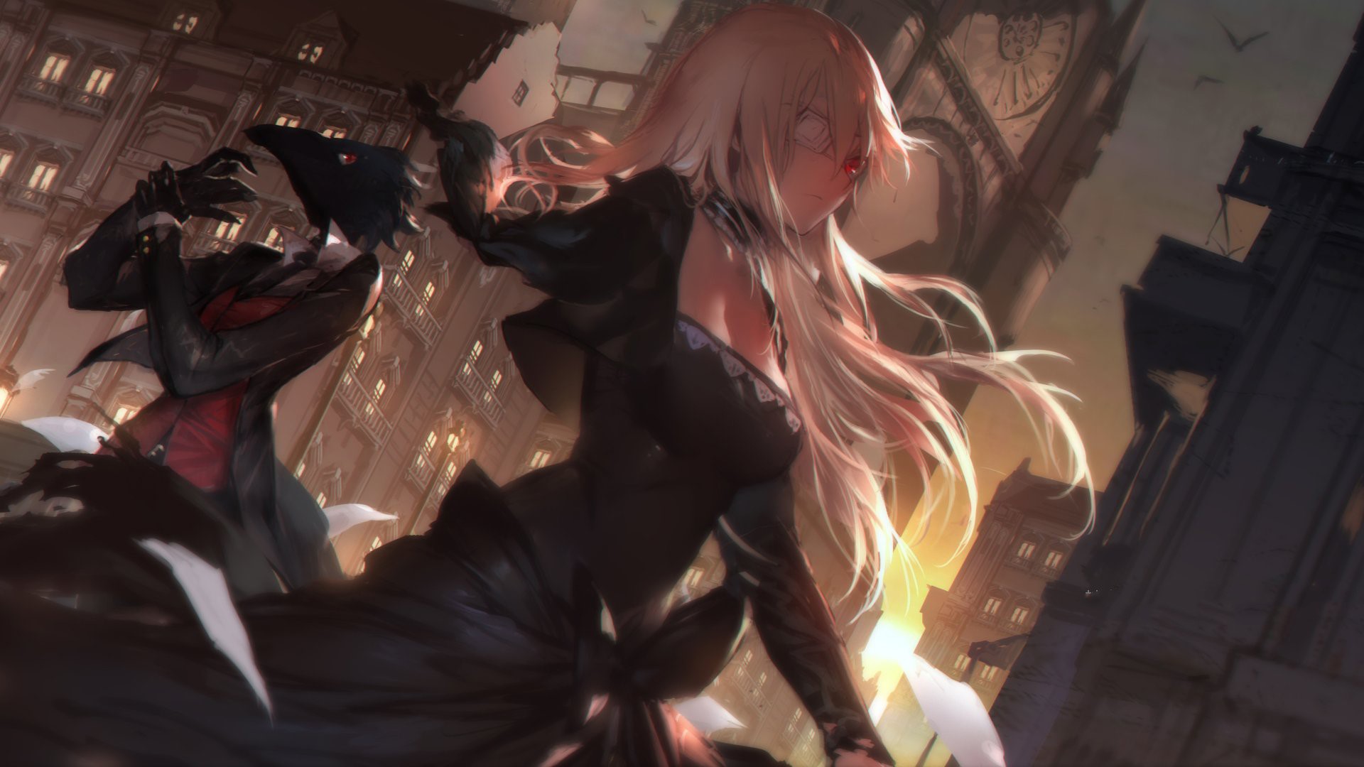 Anime girls with blonde hair in a city HD Wallpaper