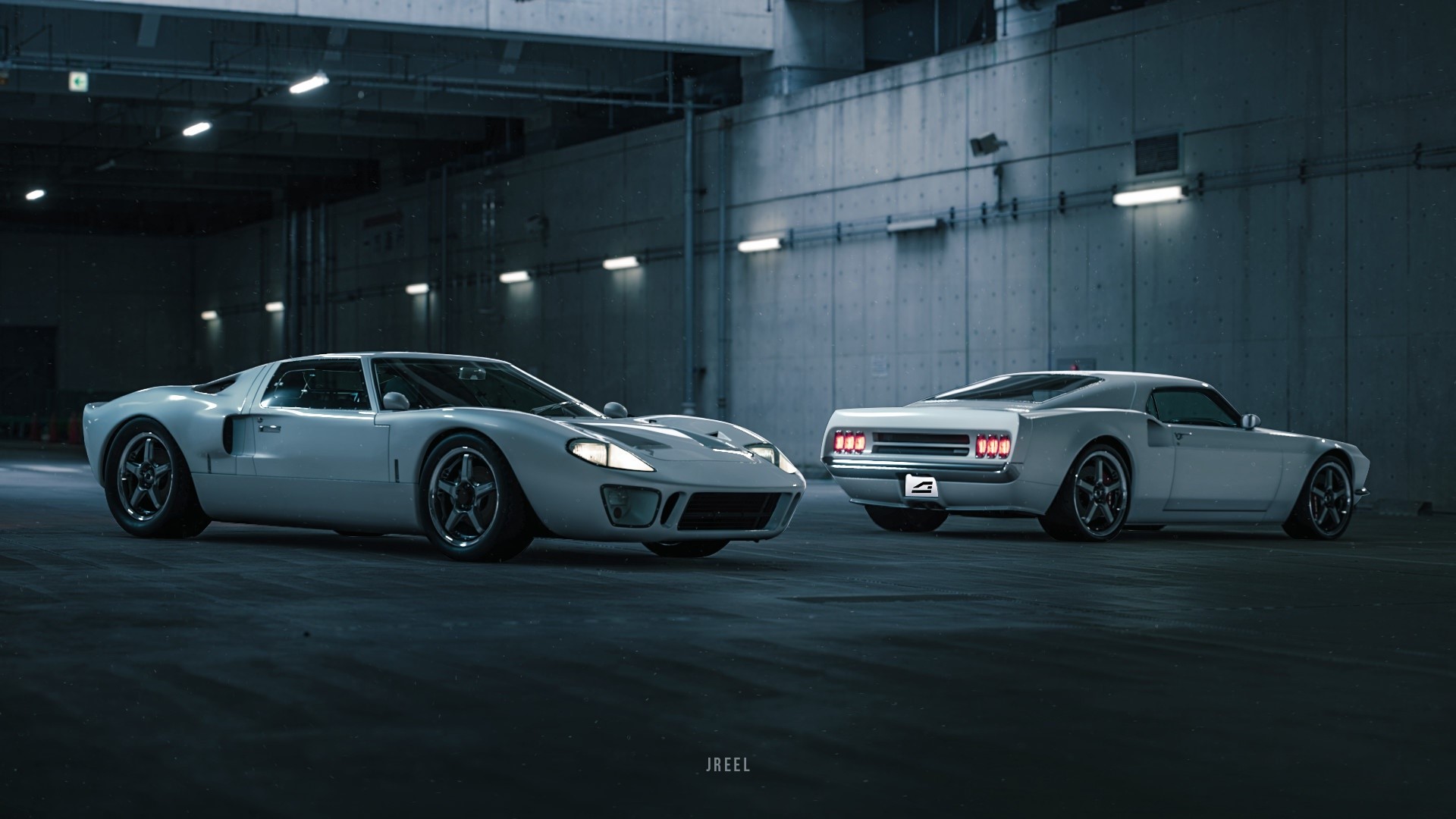 Ford GT and Ford Mustang in a garage HD Wallpaper
