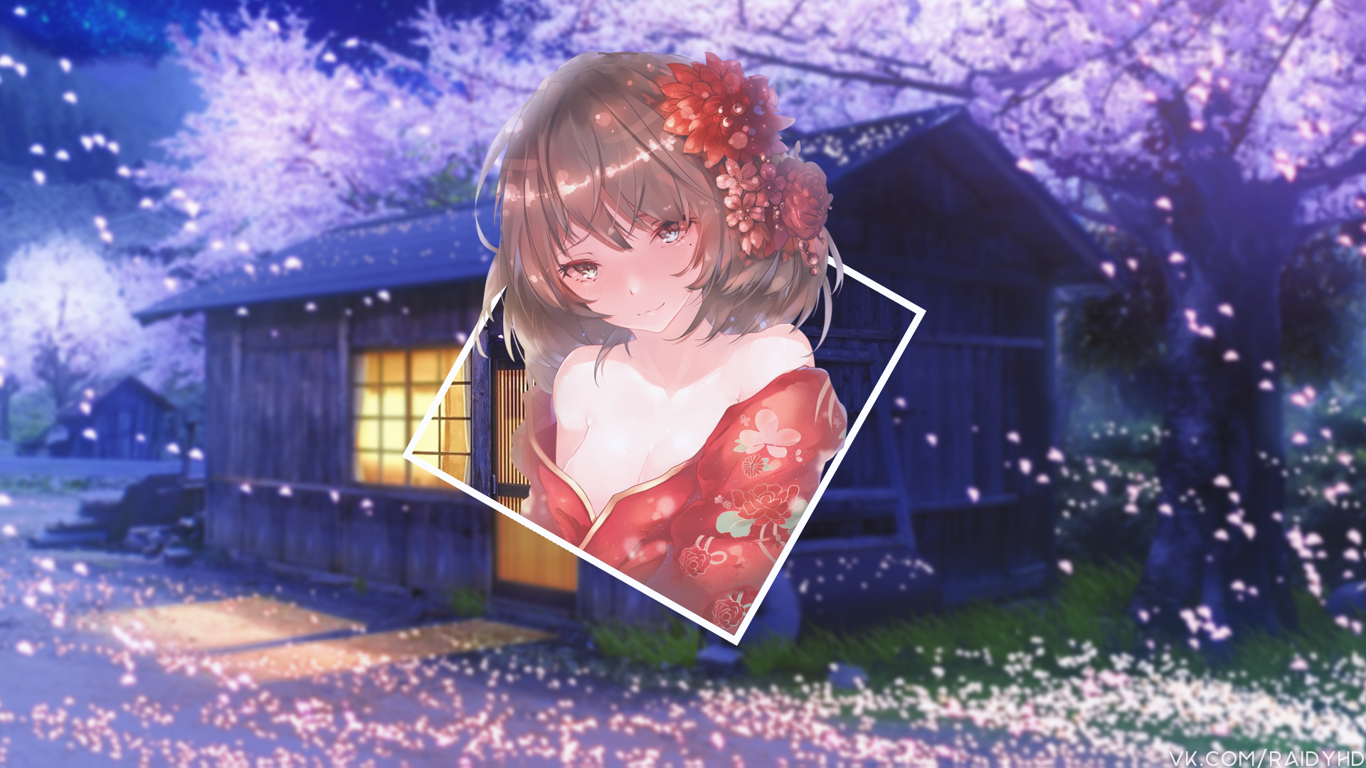 Anime girl in kimono with cherry blossoms HD Wallpaper