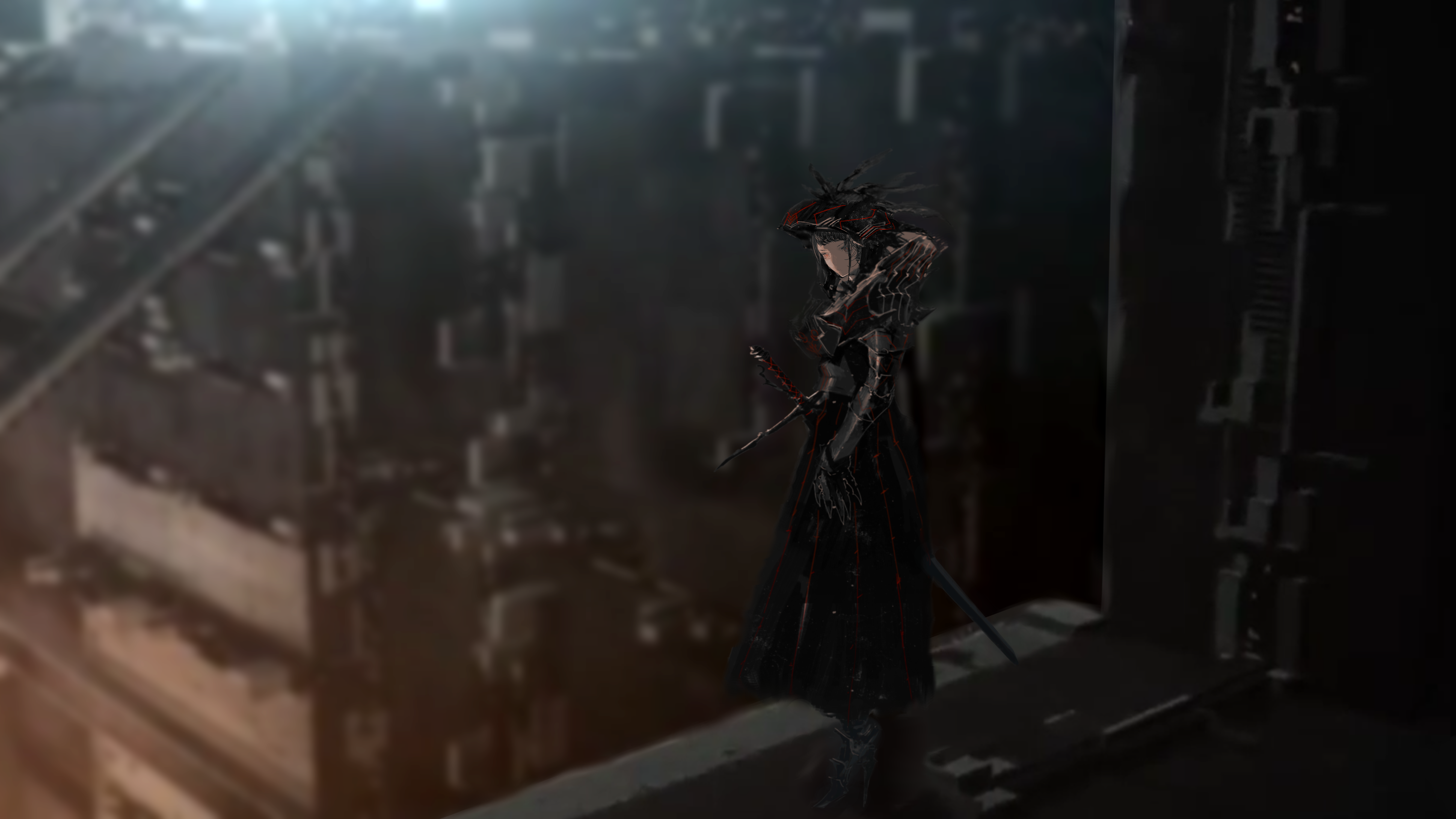 Woman with sword in futuristic city HD Wallpaper