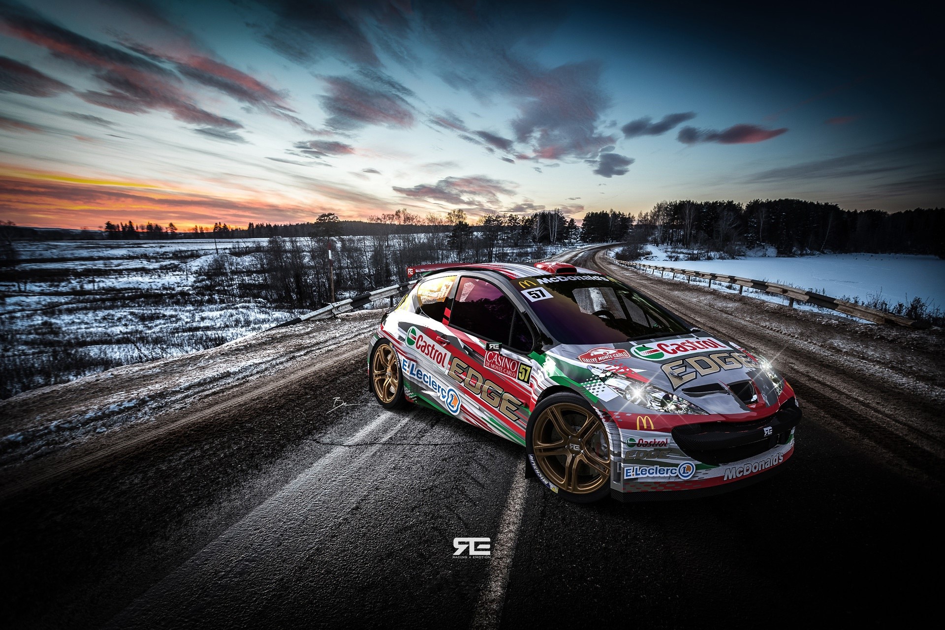 Peugeot rally car on a snowy road at sunset HD Wallpaper