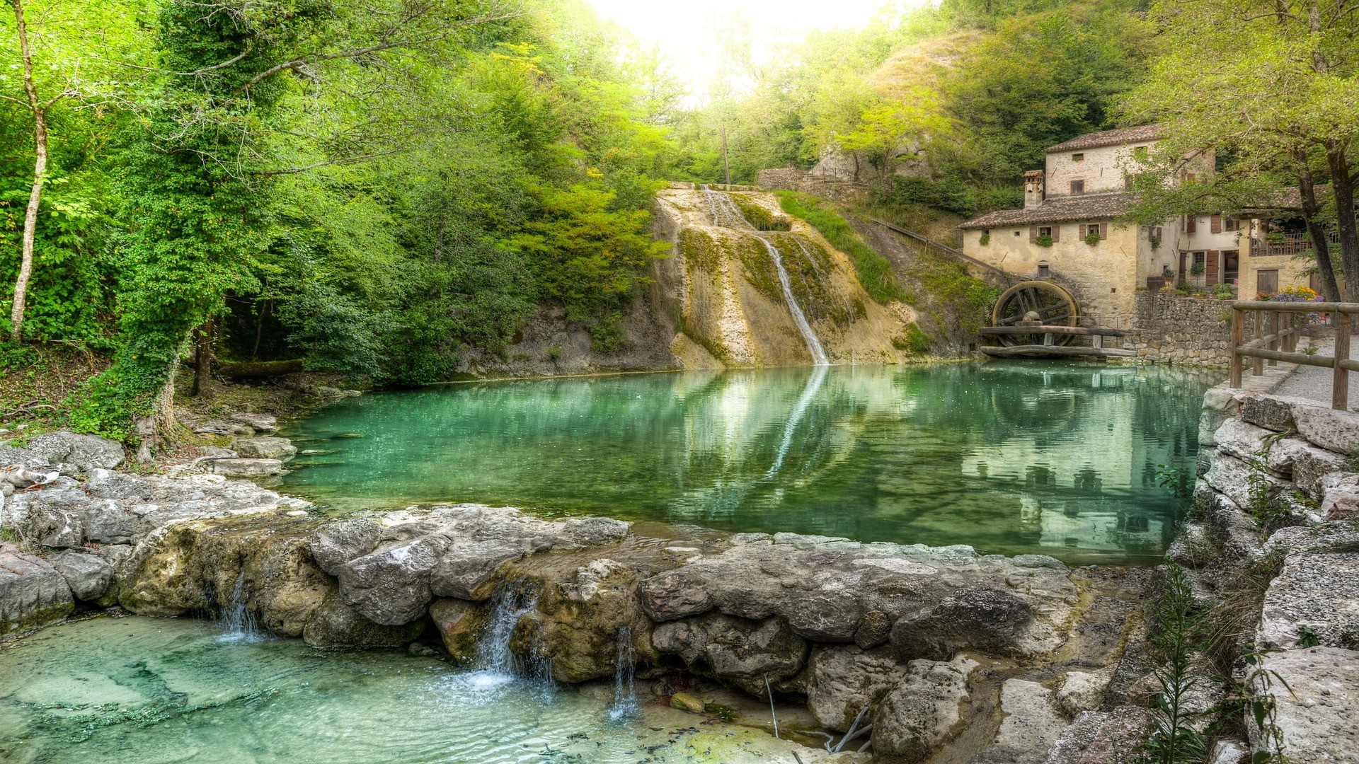 Waterfall and old mill in a forest in Italy HD Wallpaper