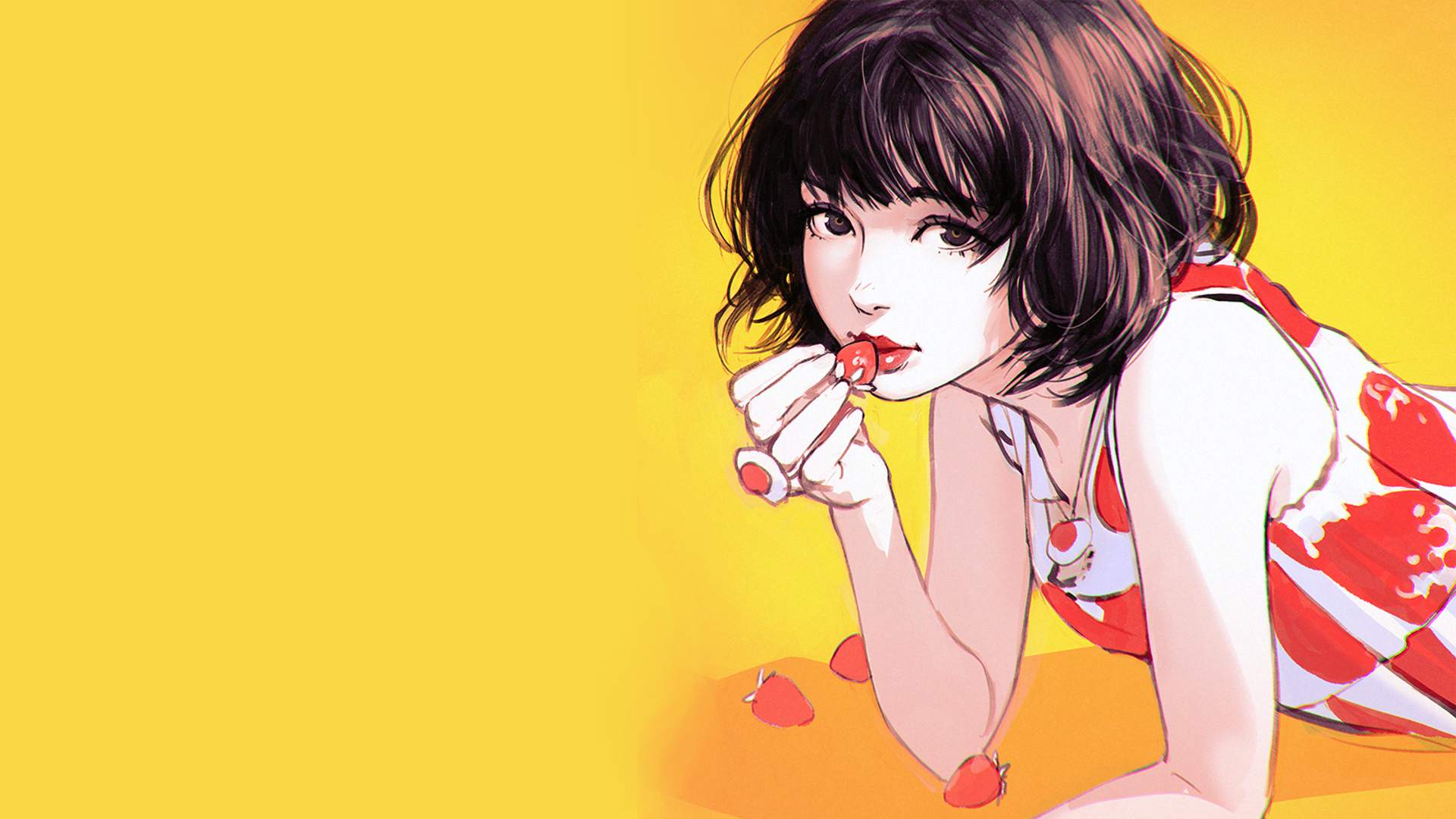 Girl eating strawberries by Ilya Kuvshinov HD Wallpaper