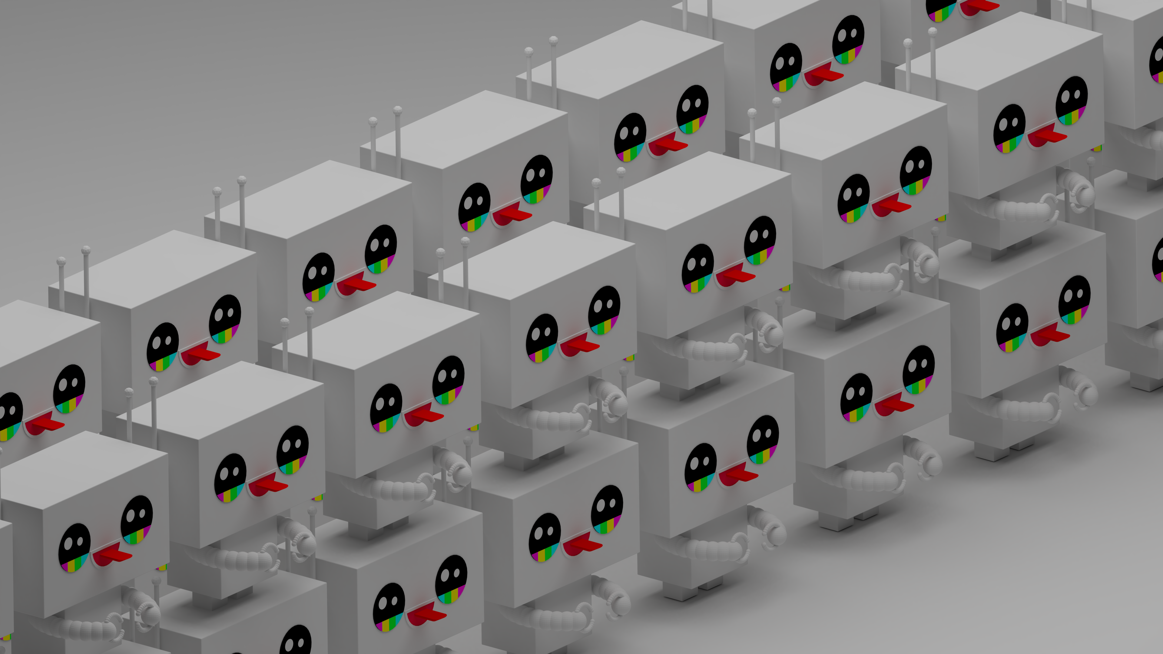 Isometric robots with rainbow eyes in 4K HD Wallpaper