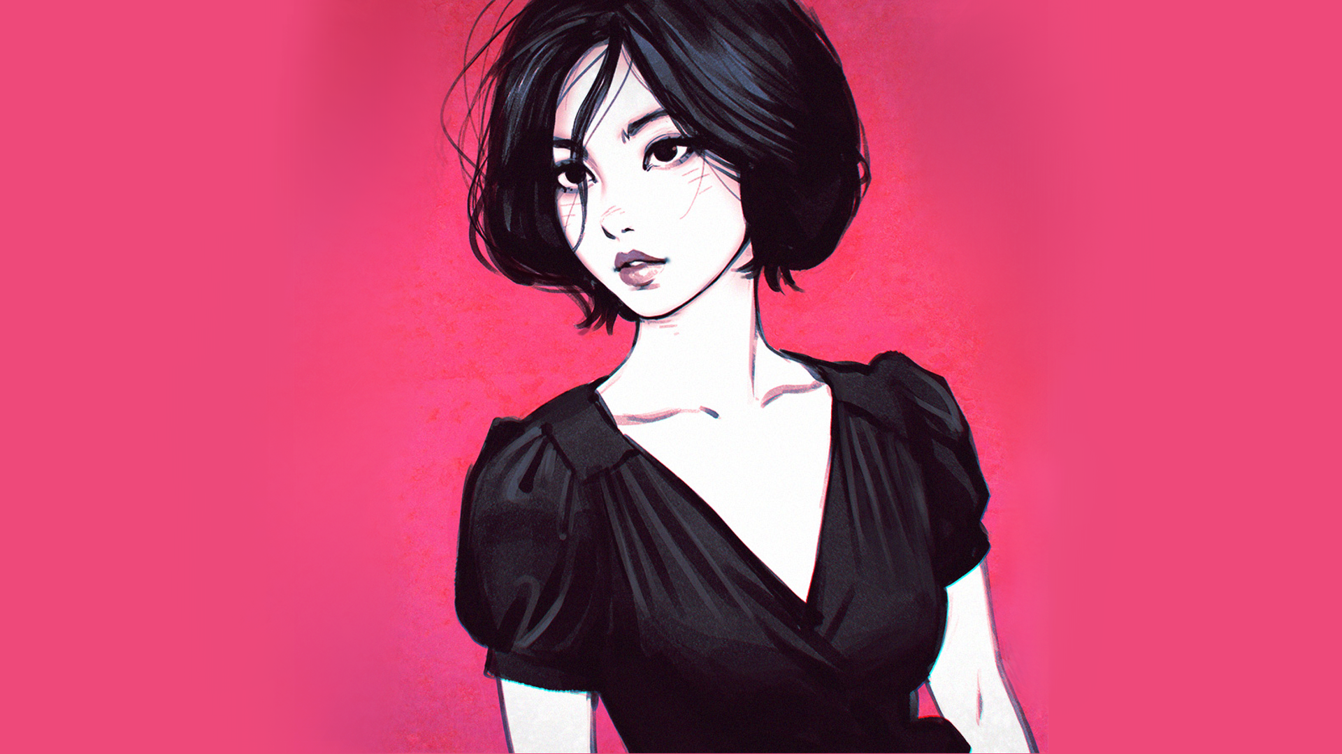 Woman in black dress by Ilya Kuvshinov HD Wallpaper