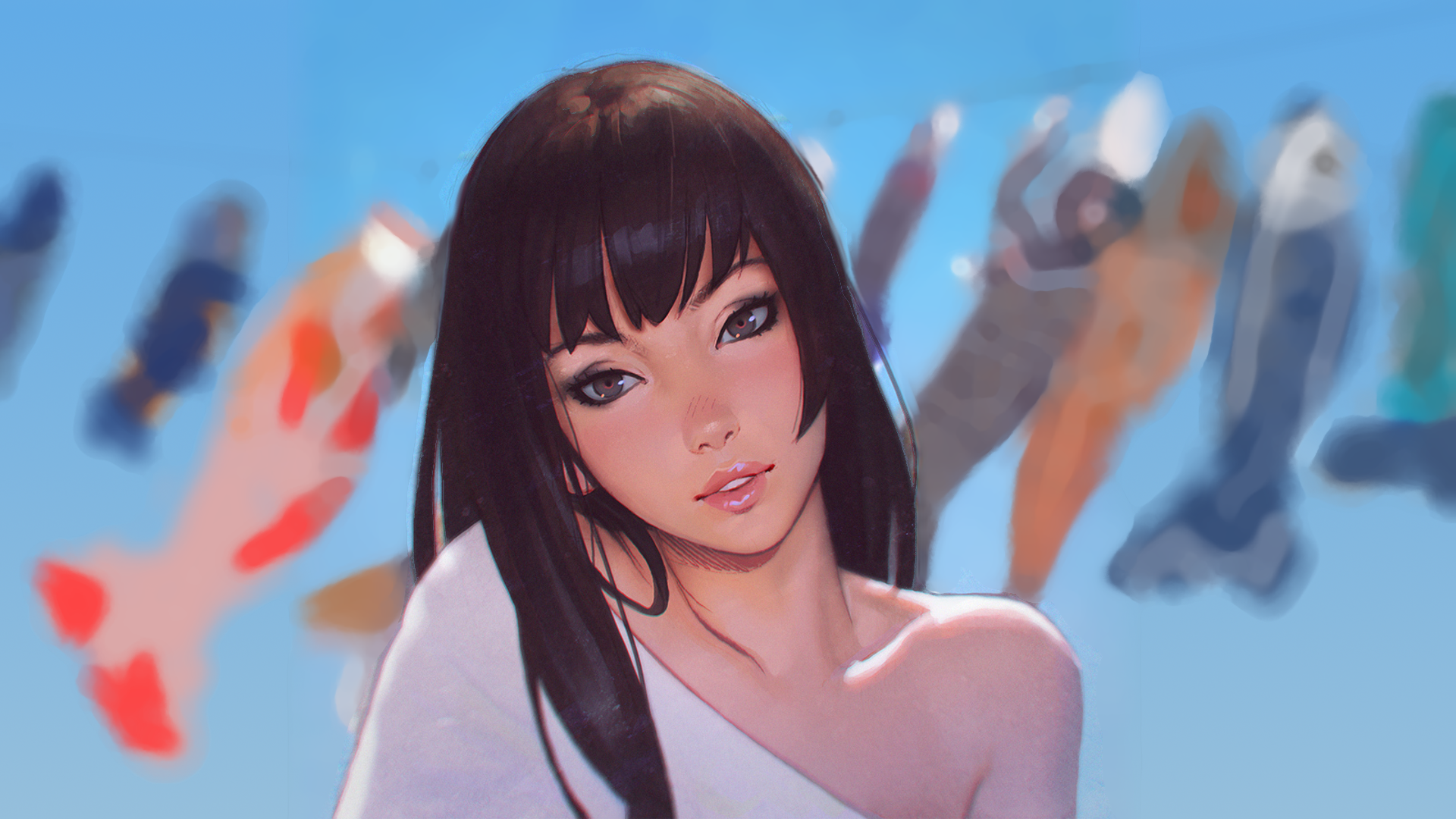 Artwork of a woman with black hair and koi fish banners HD Wallpaper