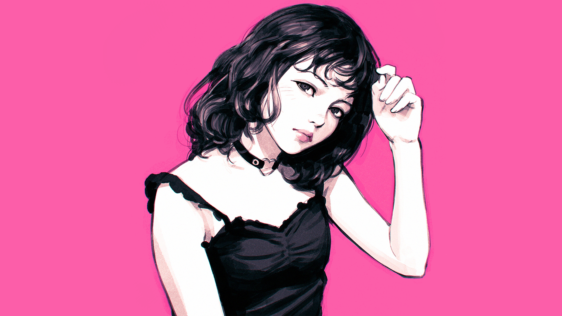 Woman with dark curly hair and black dress HD Wallpaper