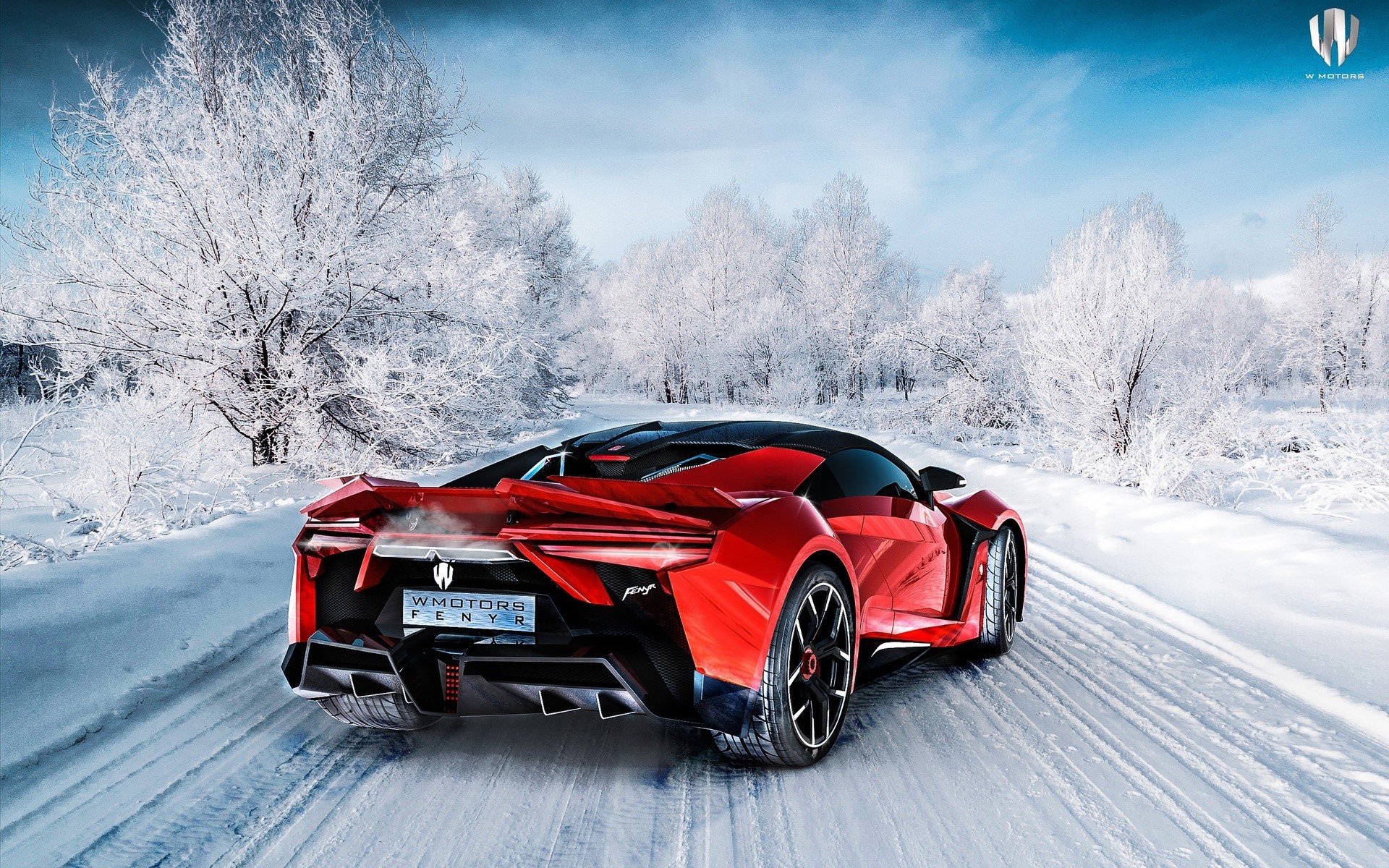 Red W Motors Fenyr Supercar in Snowy Landscape HD Wallpaper