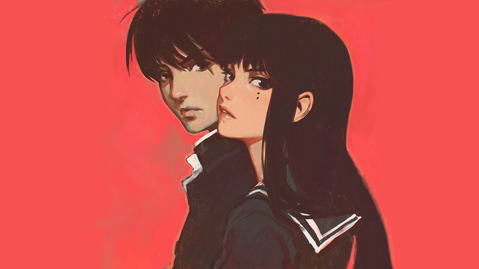 Artwork of a boy and a girl in school uniforms HD Wallpaper