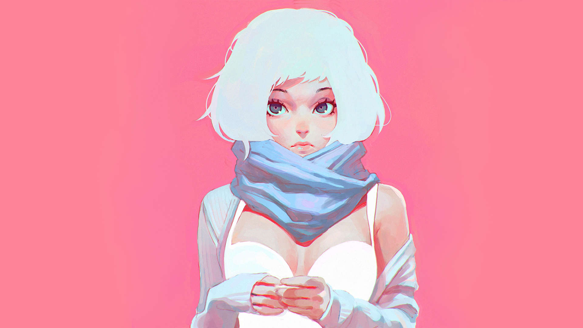 Anime girl with white hair and blue scarf HD Wallpaper
