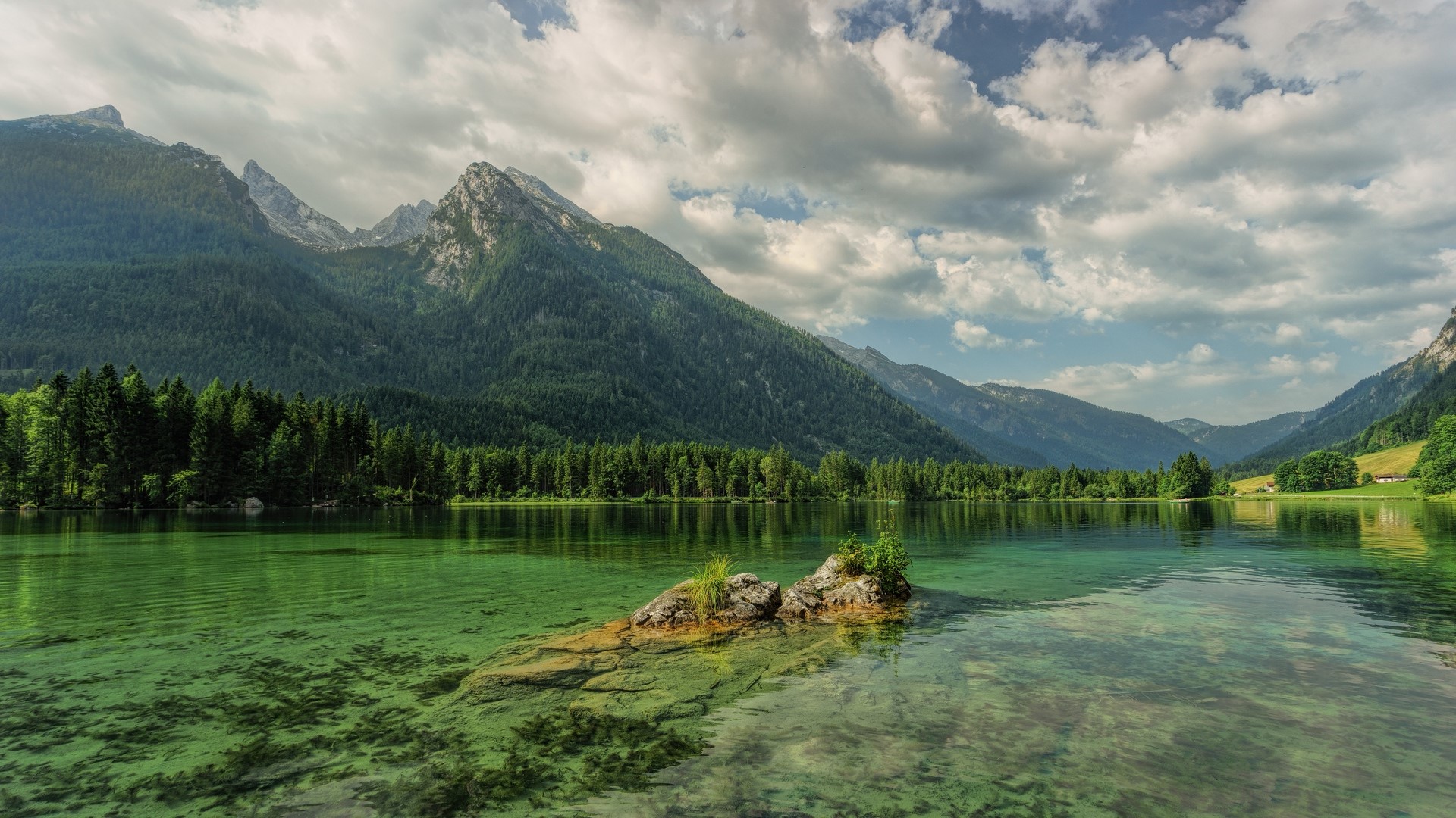 Mountains and green lake in Hintersee, Austria HD Wallpaper