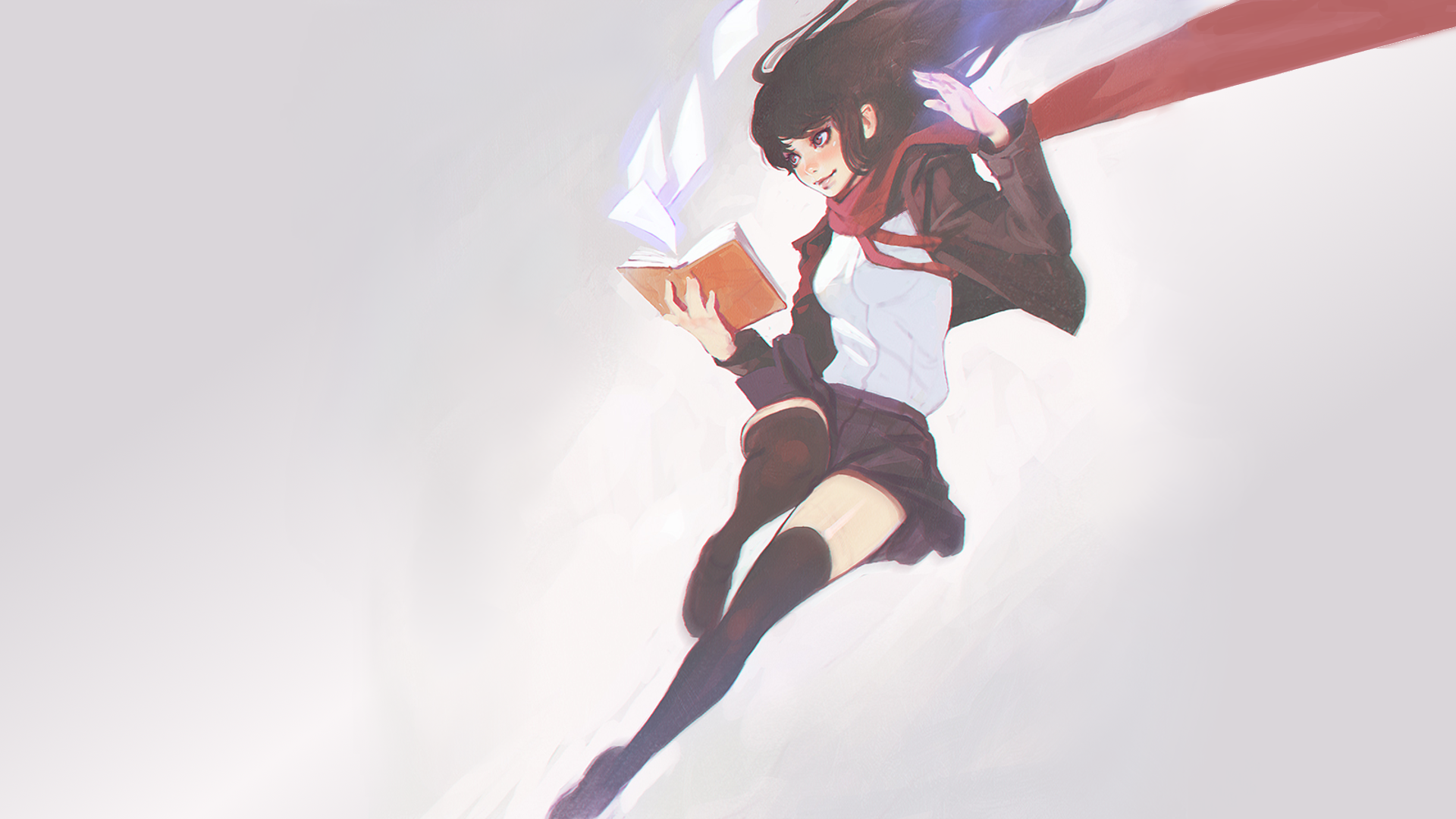 Anime girl with book and red scarf HD Wallpaper