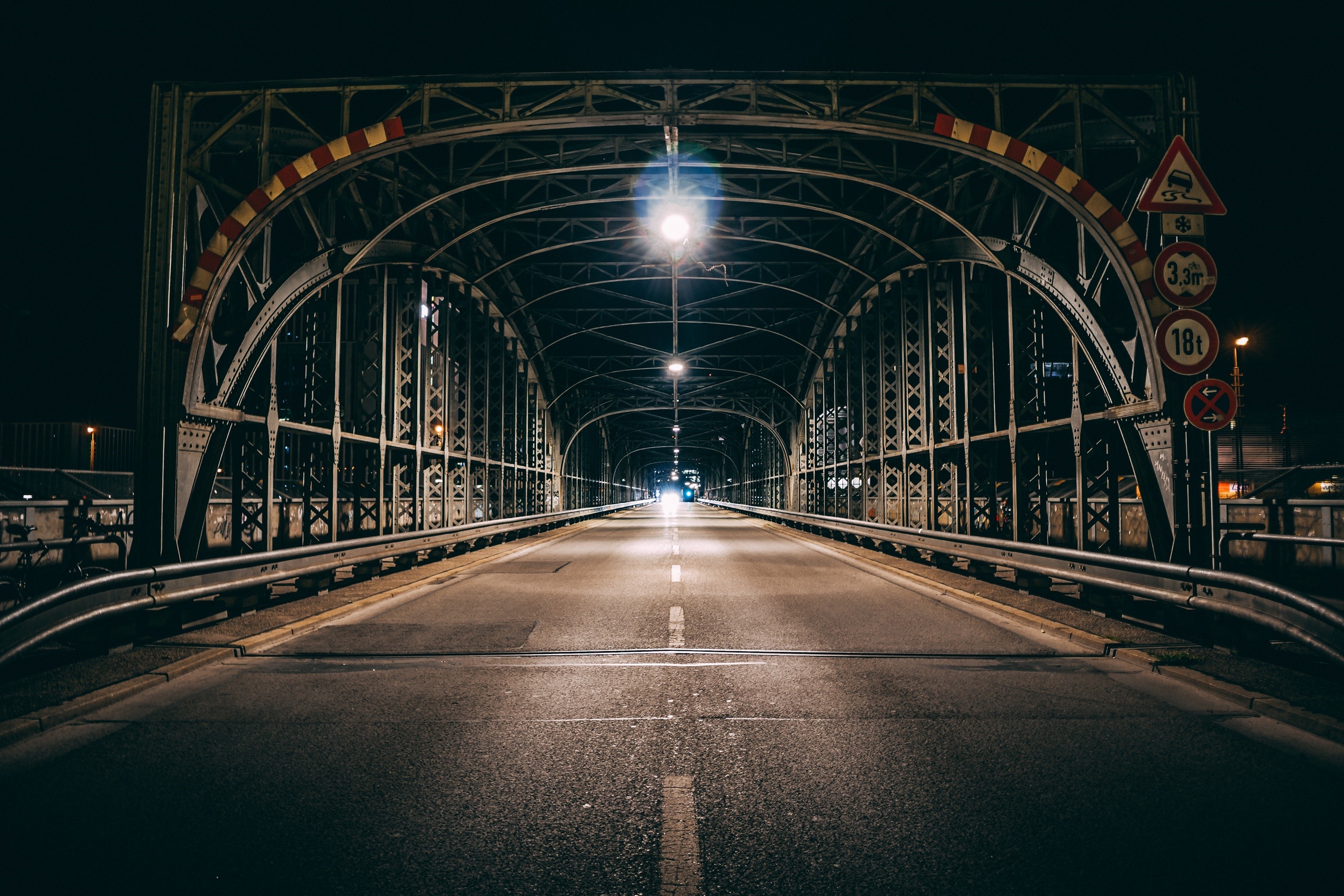 Bridge at night with street lights HD Wallpaper