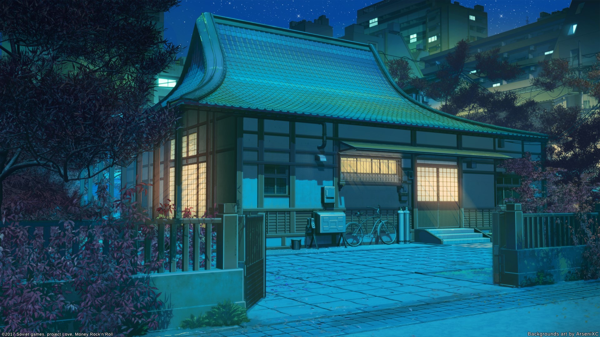 Anime house at night with city background HD Wallpaper