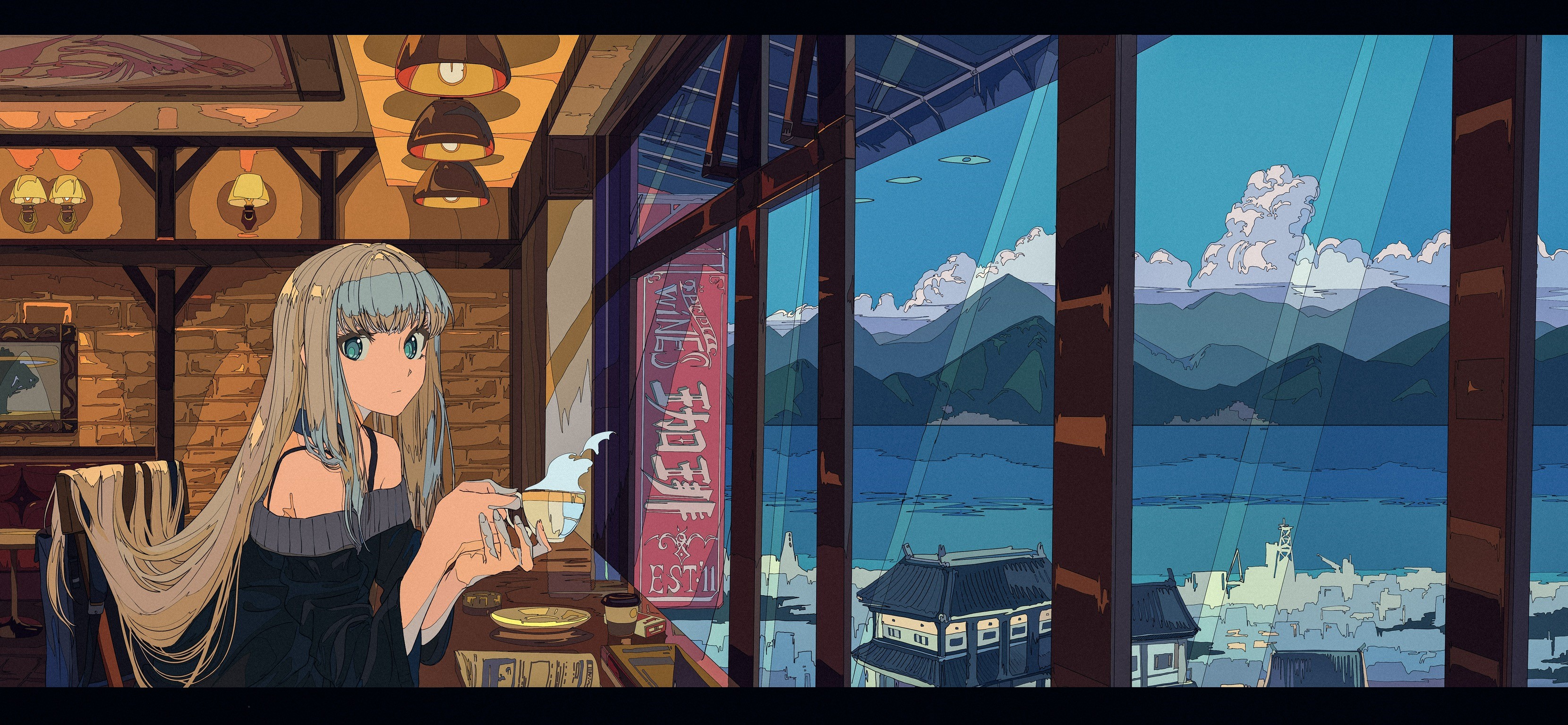 Anime girl with blue eyes drinking coffee in a cafe overlooking a lake HD Wallpaper