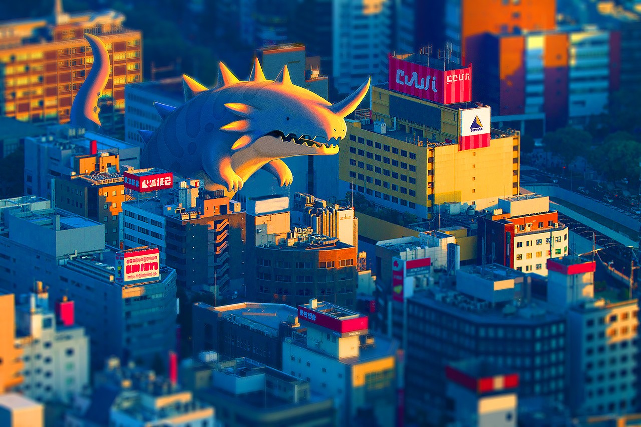 Giant blue sea monster over a city HD Wallpaper