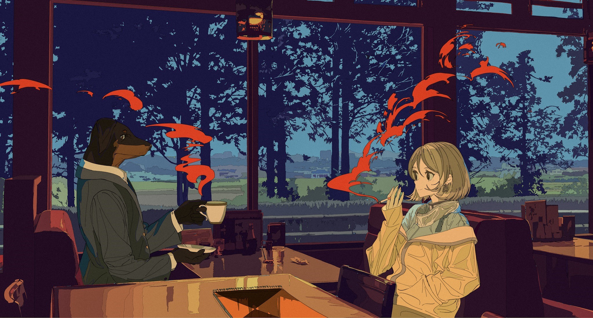 Anime style illustration of anthropomorphic dog and girl in cafe HD Wallpaper