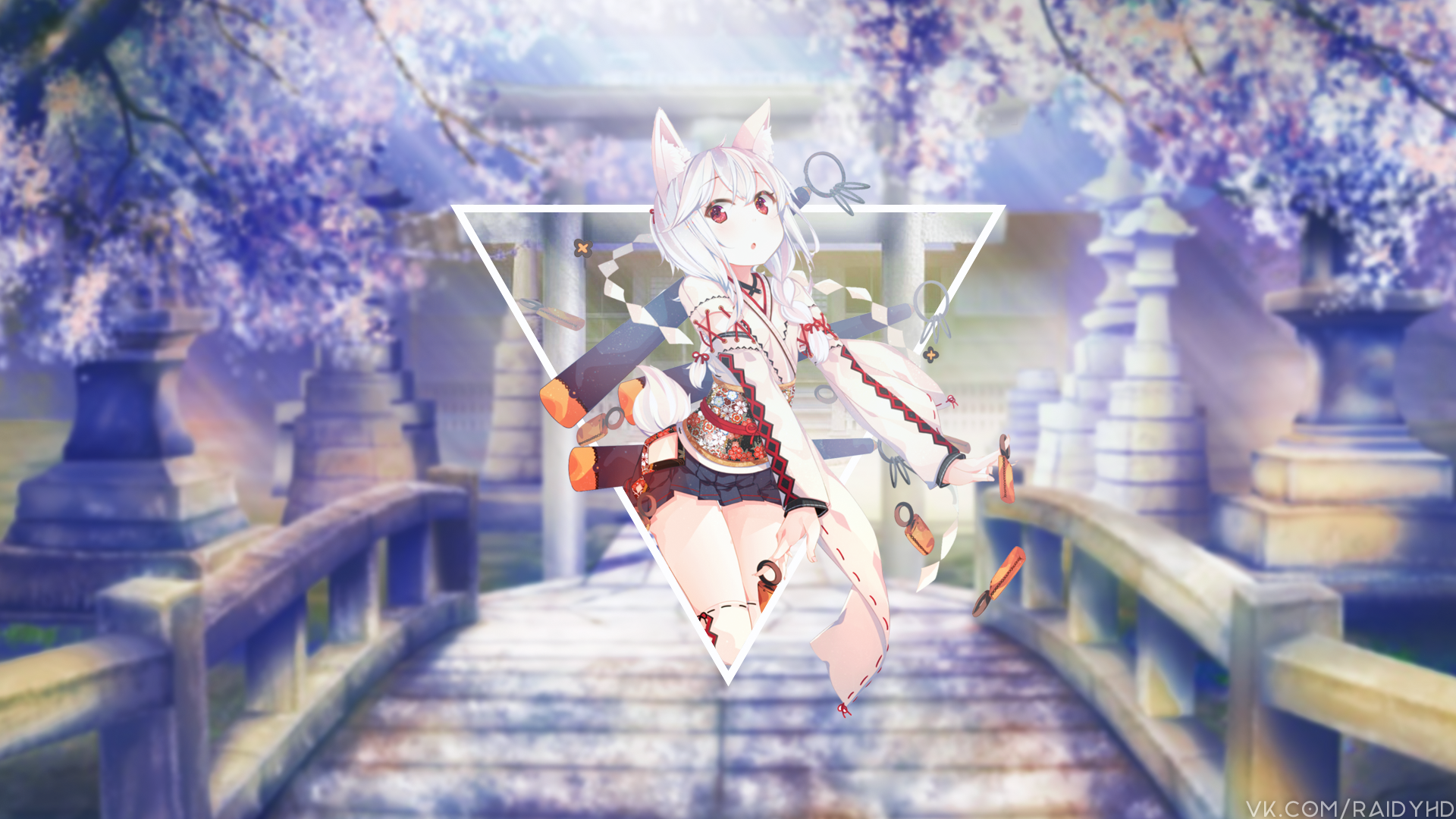 Anime girl with fox ears in traditional Japanese attire HD Wallpaper
