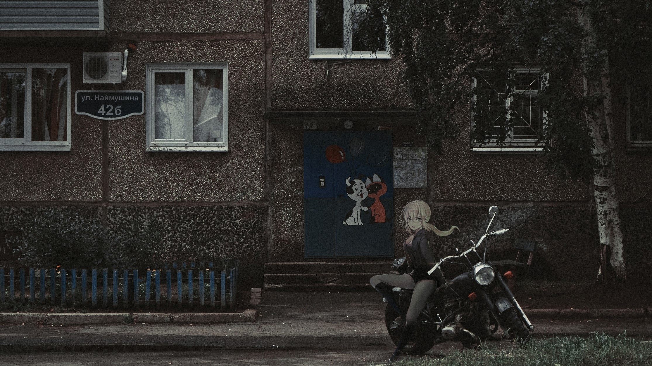 Anime girl on a motorcycle in front of a building HD Wallpaper
