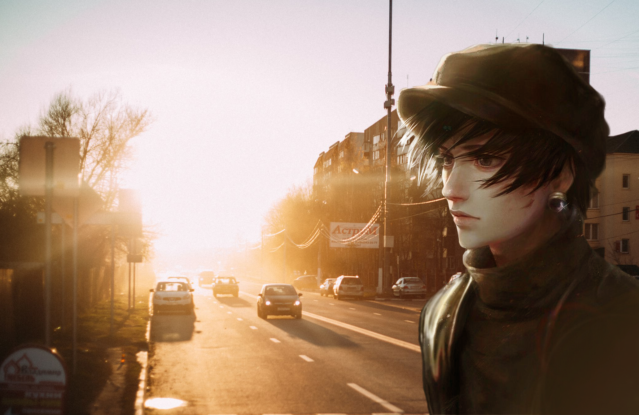 Anime character in a city street at sunset HD Wallpaper