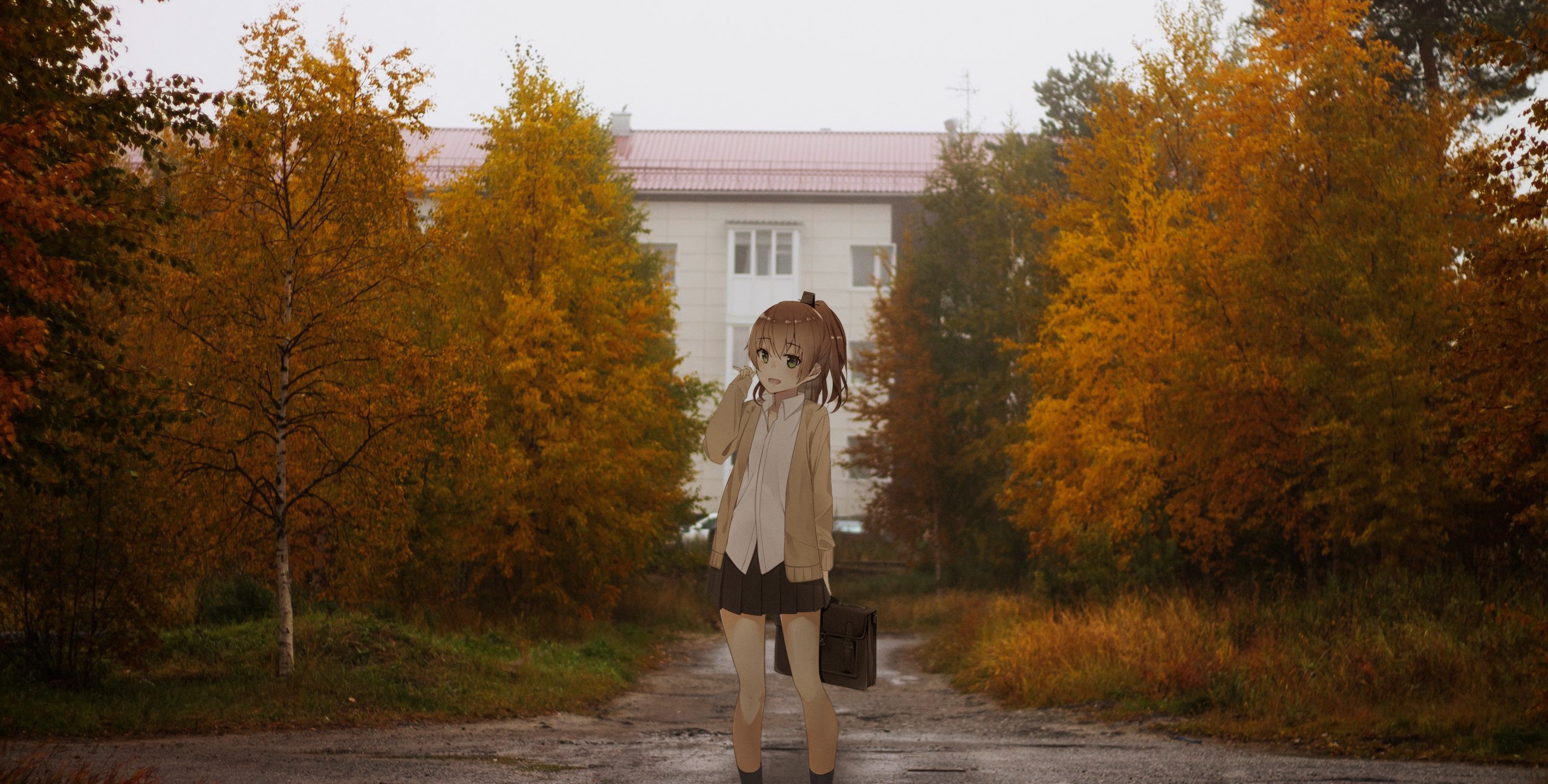 Anime girl with a briefcase in front of a building HD Wallpaper