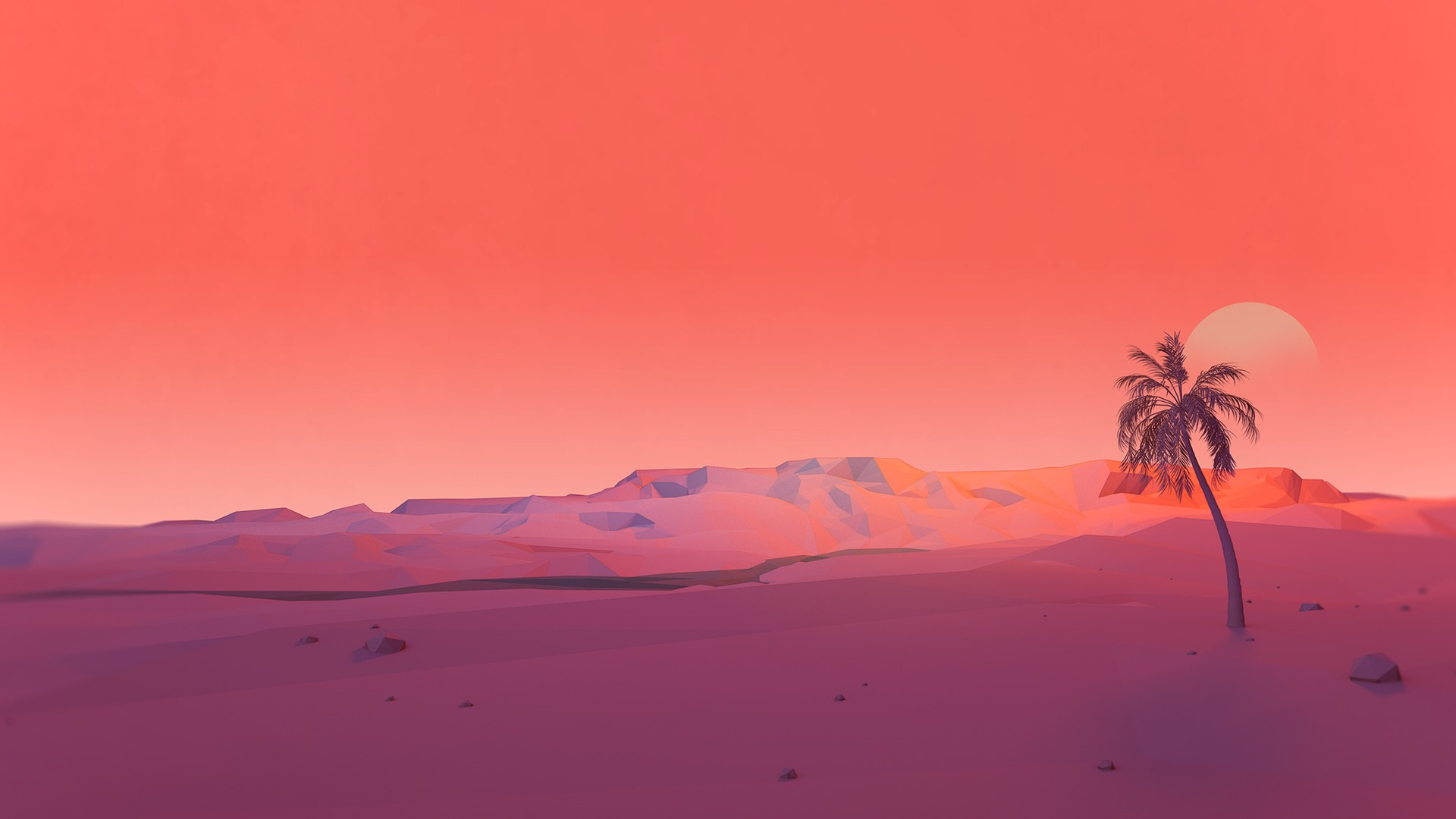 Desert landscape with palm tree and sun by Mark Kirkpatrick HD Wallpaper