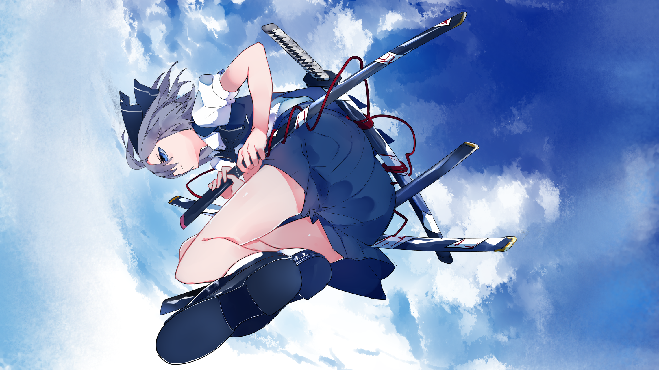 Anime girl with swords against blue sky HD Wallpaper