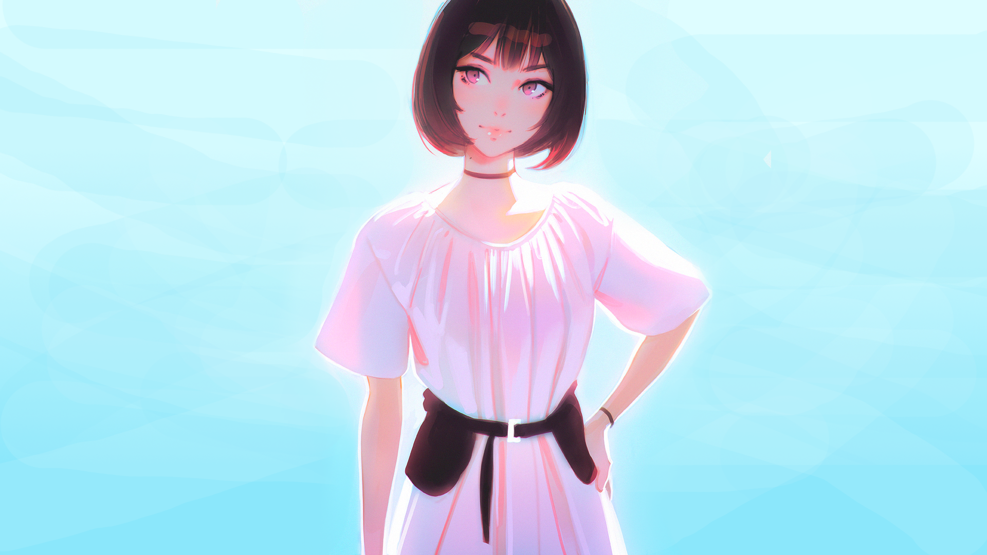 Anime girl with short black hair and pink eyes HD Wallpaper