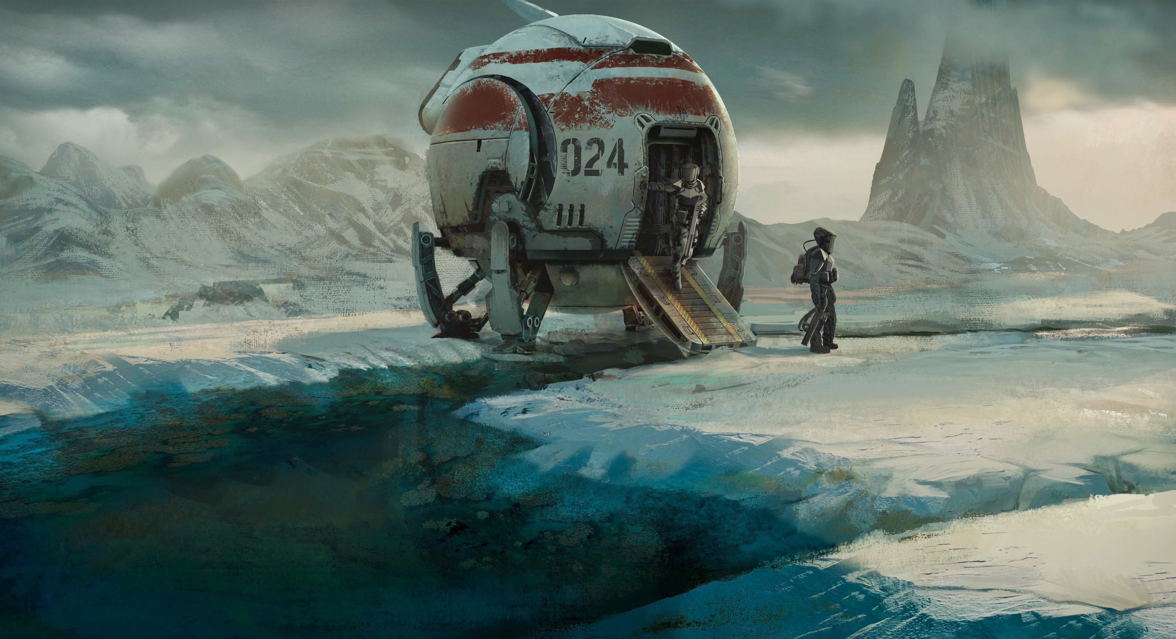 Astronauts disembarking from a spaceship on an alien planet HD Wallpaper
