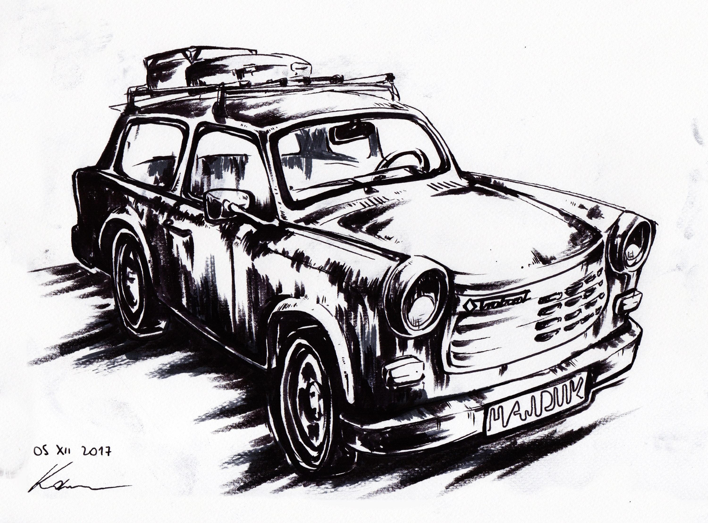 Monochrome painting of a Trabant car with luggage HD Wallpaper