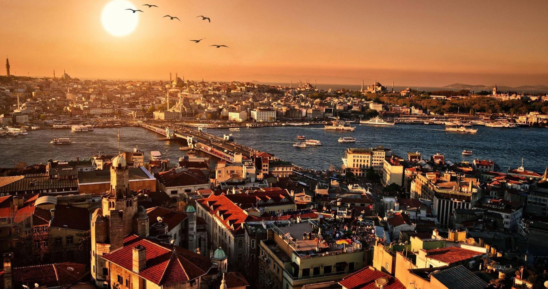 Istanbul cityscape with Bosphorus strait at sunset HD Wallpaper