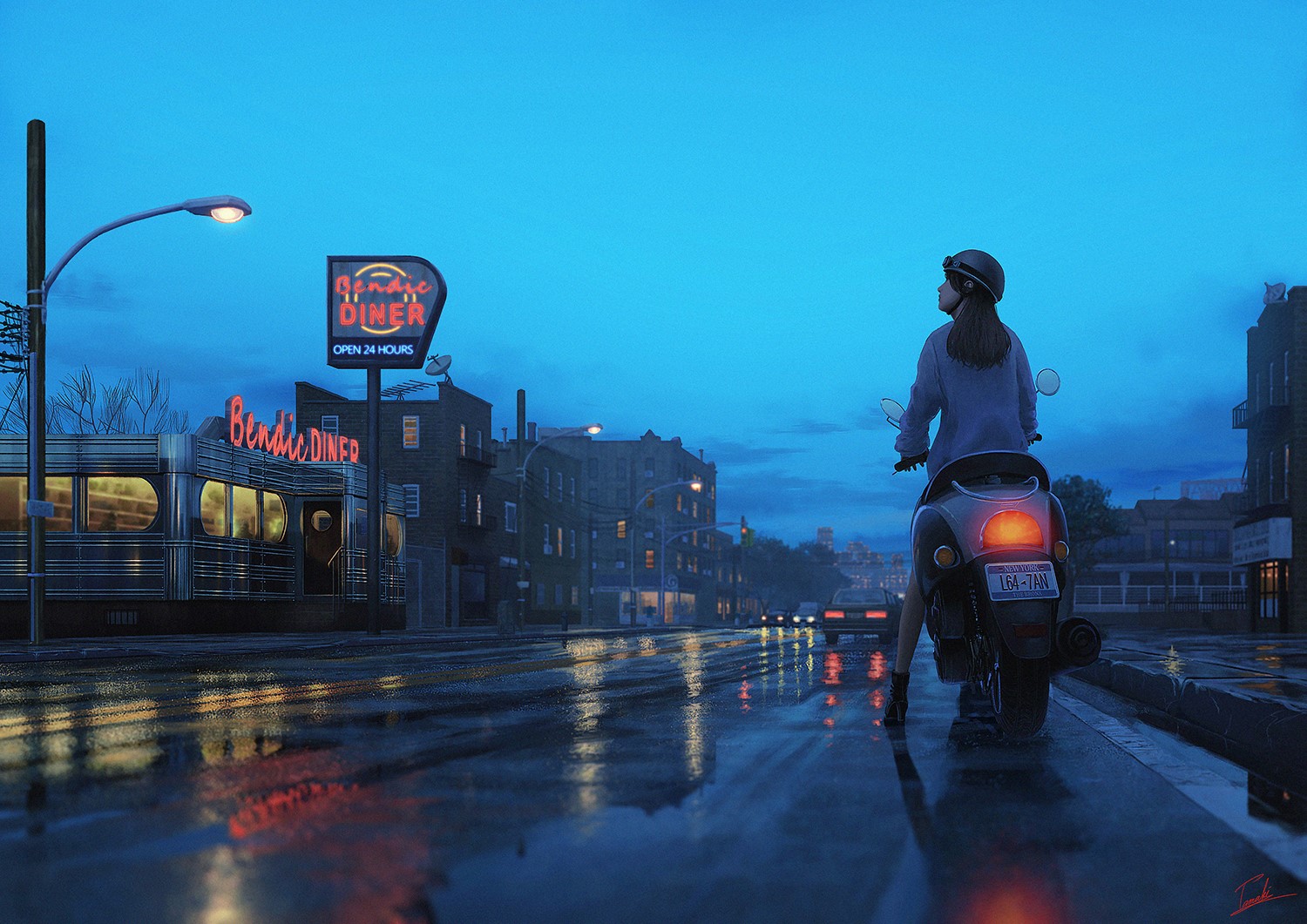 Girl on scooter at Bendix Diner on wet street HD Wallpaper