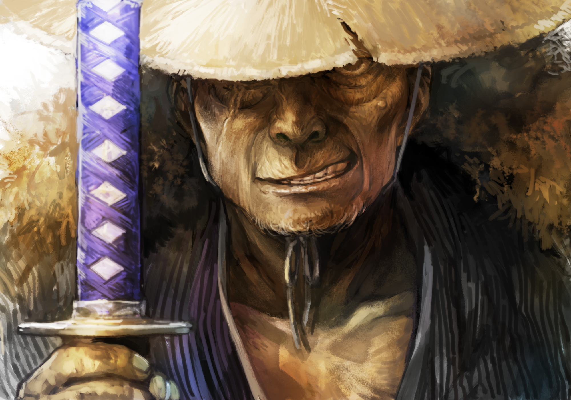 Samurai warrior with a katana and straw hat HD Wallpaper