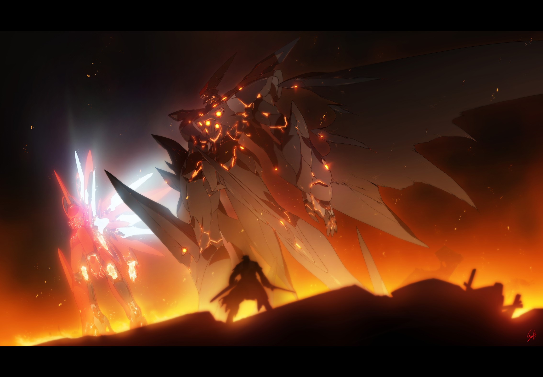 Mech battle with a swordsman in a fiery landscape HD Wallpaper