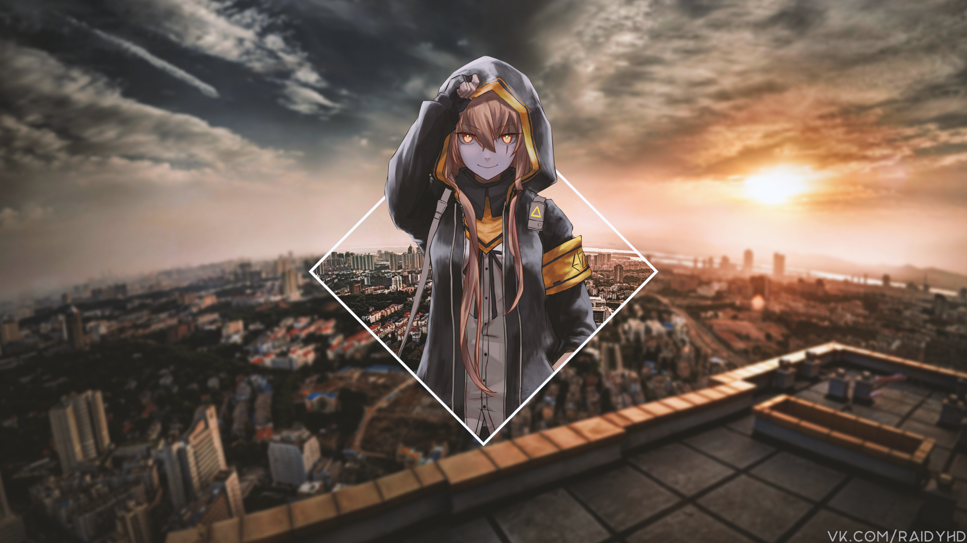 Anime girl in hoodie over city skyline HD Wallpaper